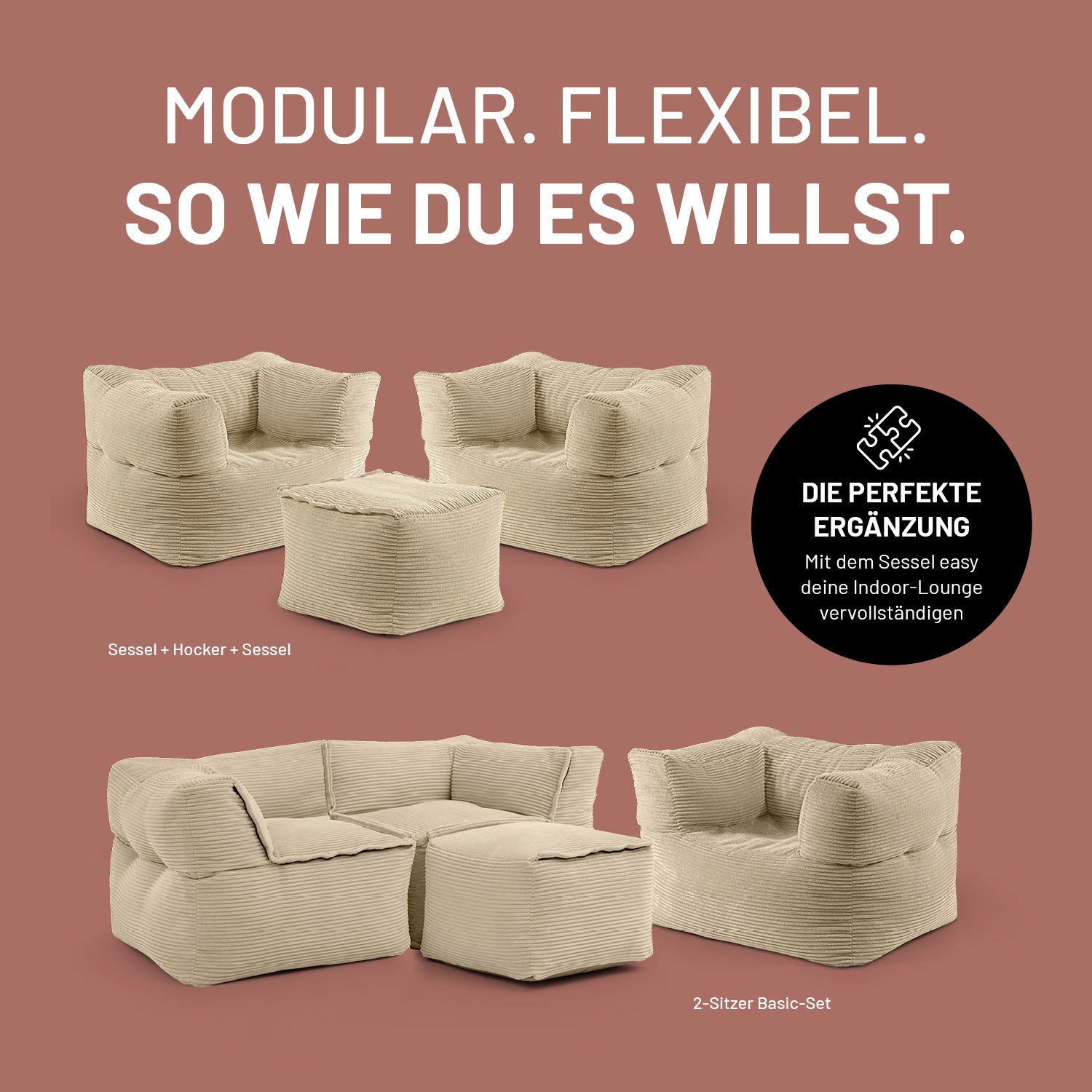 Sessel und Hocker des LUMALAND Modularen Systems in variablen Kombinationen, flexibel erweiterbar für individuelle Indoor-Lounge-Layouts.