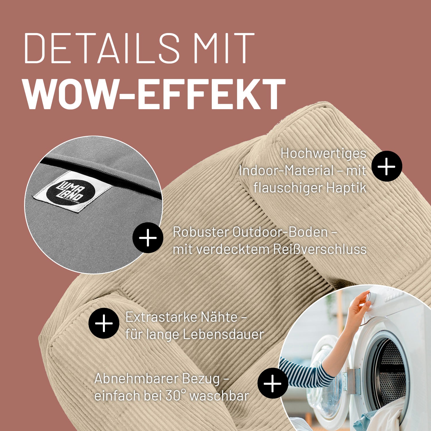 Modularer Sessel in Beige mit Produktinformationen: Verdeckter Reißverschluss, robuste Unterseite, waschbarer Bezug und extrastarke Nähte.