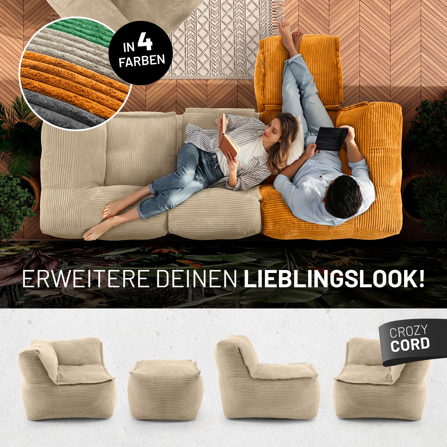 Frau mit Buch und Mann mit Tablet entspannen auf dem Cord-Sofa in einem modernen Wohnzimmer aus der Vogelperspektive - Darunter passende Produkte in anderen Shapes.
