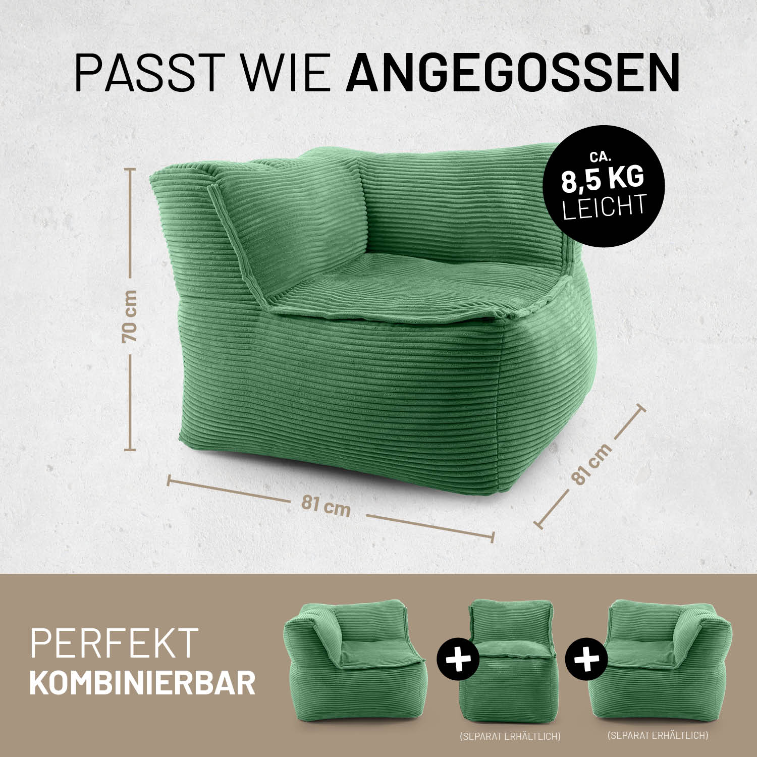 Dunkelgrüne, weich gepolsterte Ecke mit Maßen 81×81×70 cm Maßen und ca. 8,5 kg Gewicht, perfekt kombinierbar mit weiteren modularen Sitzelementen.