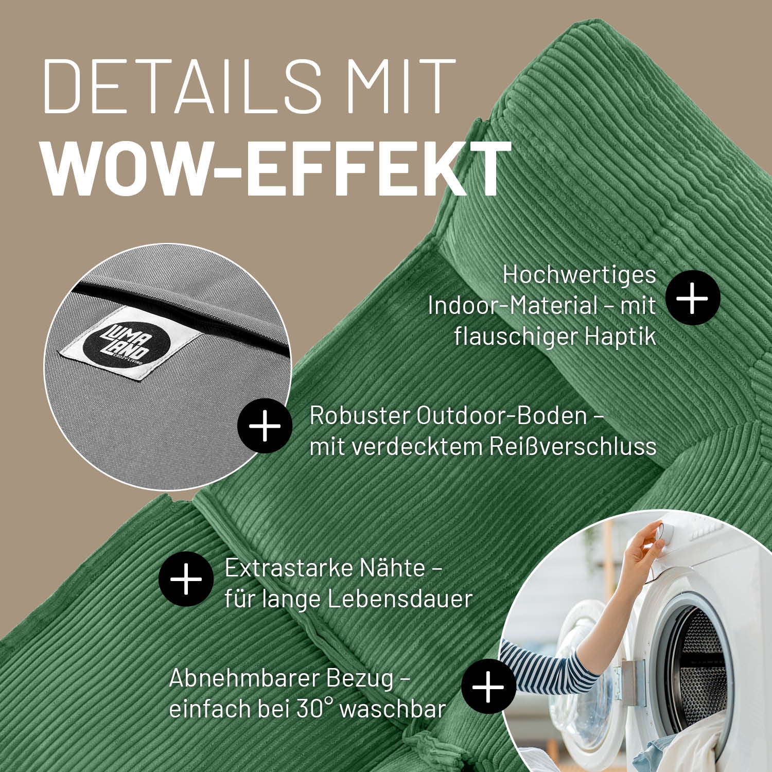 Modulares Eckteil in Dunkelgrün mit Produktinformationen: Verdeckter Reißverschluss, robuste Unterseite, waschbarer Bezug und extrastarke Nähte.