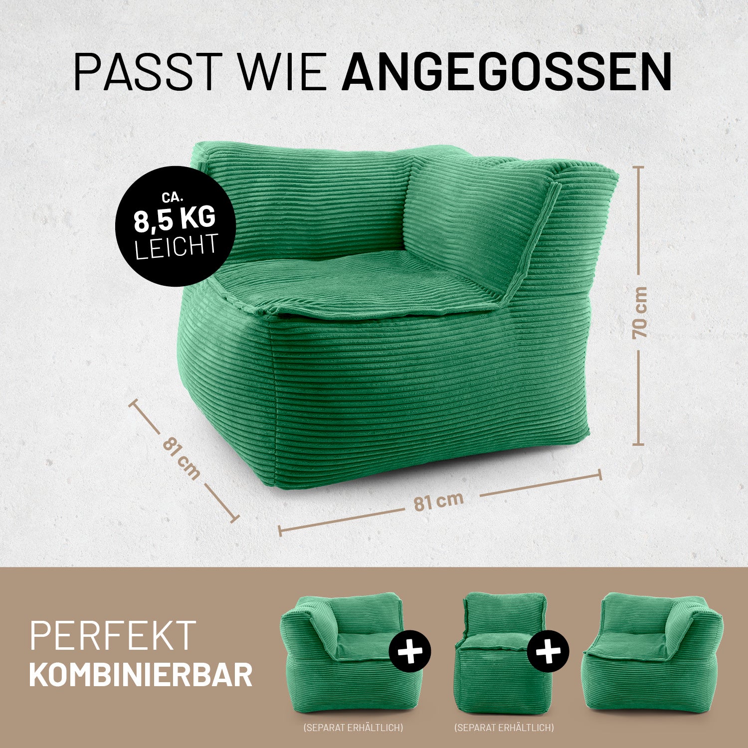 Dunkelgrüne, weich gepolsterte Ecke mit Maßen 81×81×70 cm Maßen und ca. 8,5 kg Gewicht, perfekt kombinierbar mit weiteren modularen Sitzelementen.