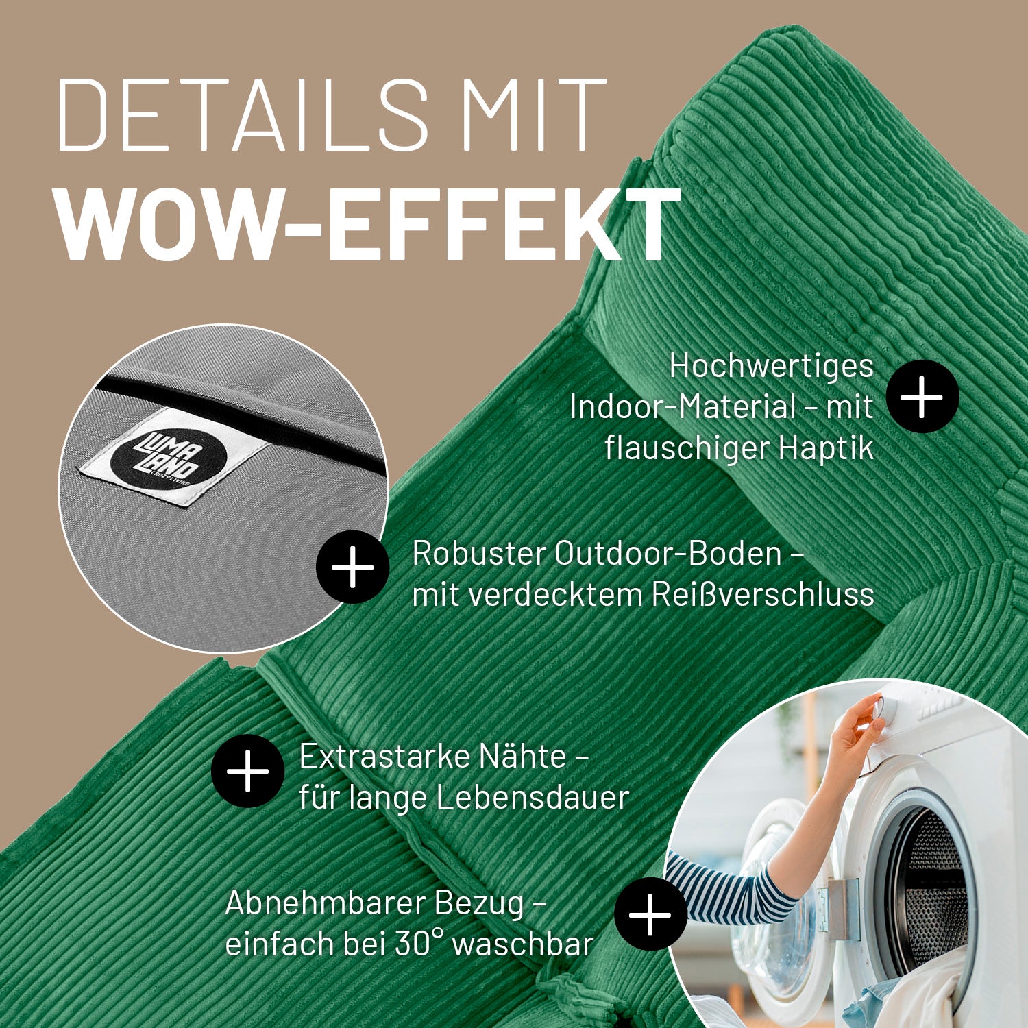 Modulares Eckteil in Dunkelgrün mit Produktinformationen: Verdeckter Reißverschluss, robuste Unterseite, waschbarer Bezug und extrastarke Nähte.
