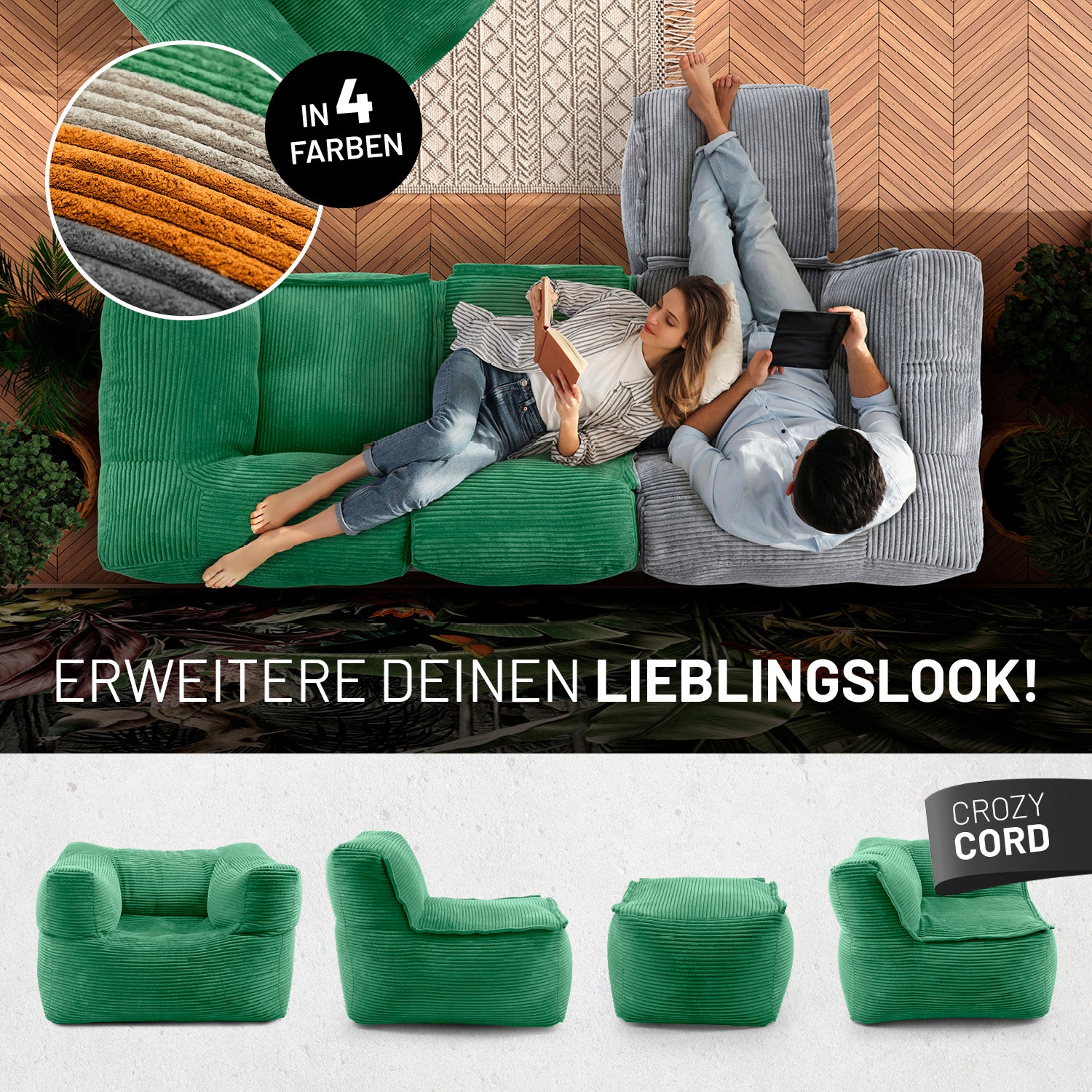 Frau mit Buch und Mann mit Tablet entspannen auf dem Cord-Sofa in einem modernen Wohnzimmer aus der Vogelperspektive - Darunter passende Produkte in anderen Shapes.