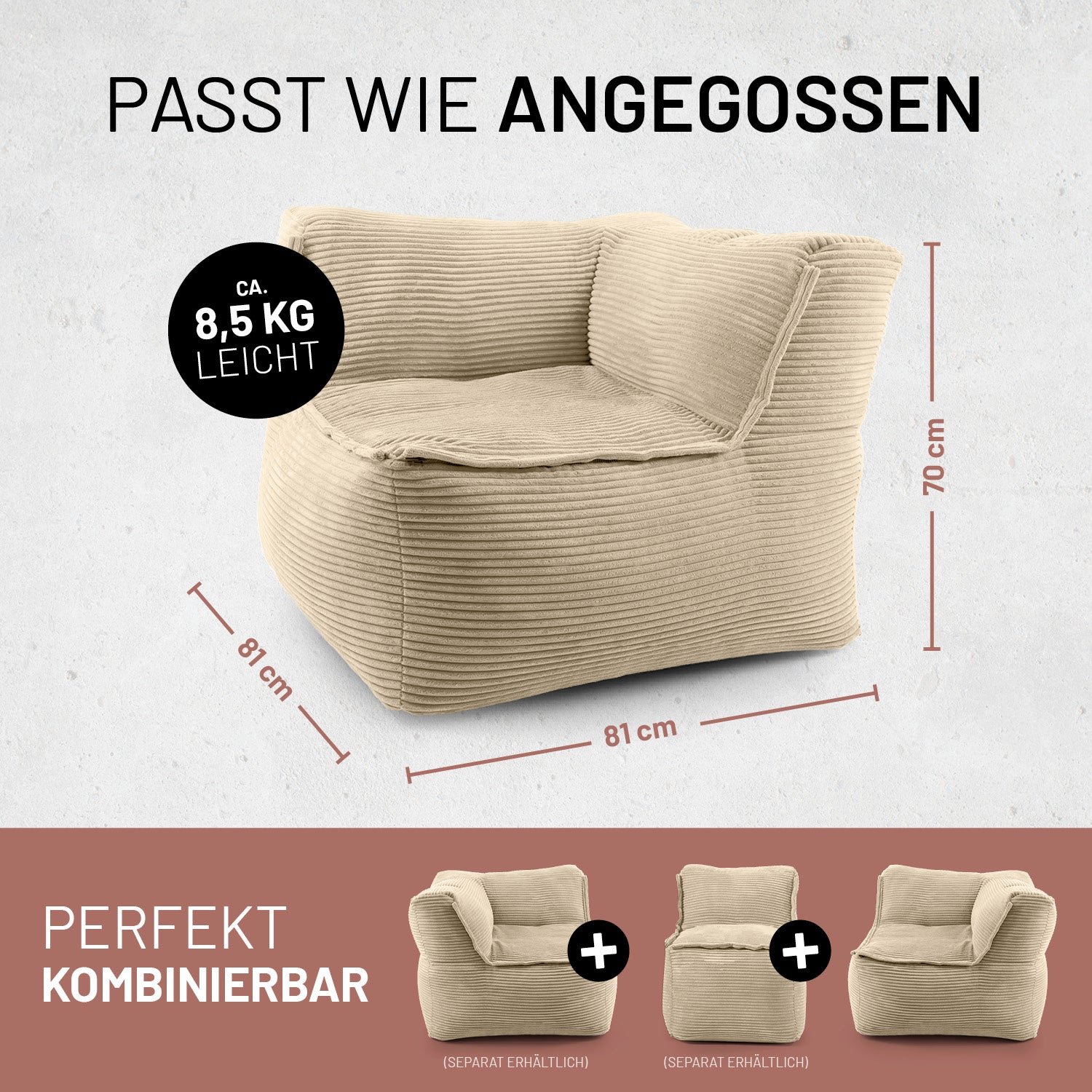 Beige, weich gepolsterte Ecke mit Maßen 81×81×70 cm Maßen und ca. 8,5 kg Gewicht, perfekt kombinierbar mit weiteren modularen Sitzelementen.