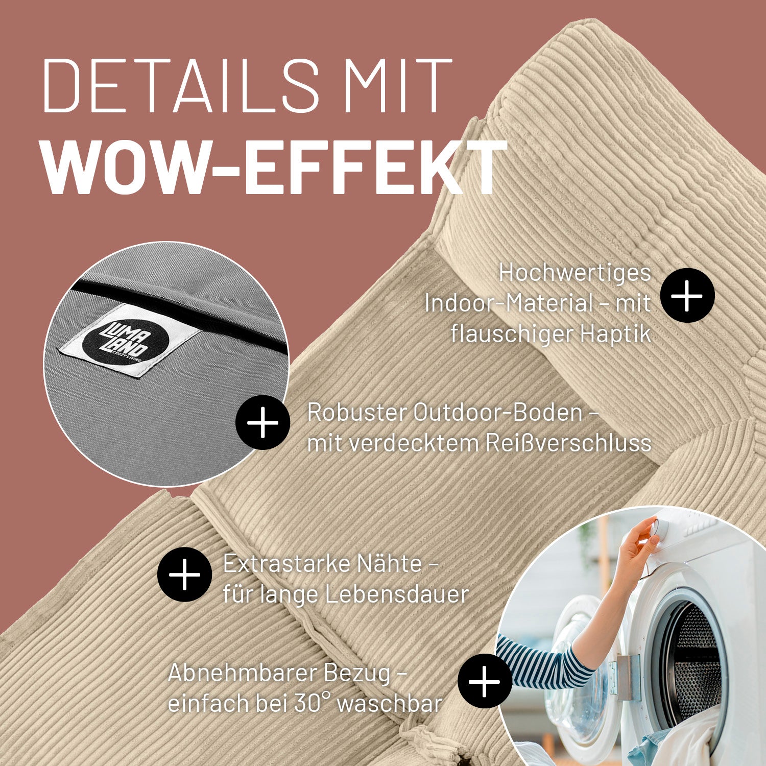 Modulares Eckteil in Beige mit Produktinformationen: Verdeckter Reißverschluss, robuste Unterseite, waschbarer Bezug und extrastarke Nähte.