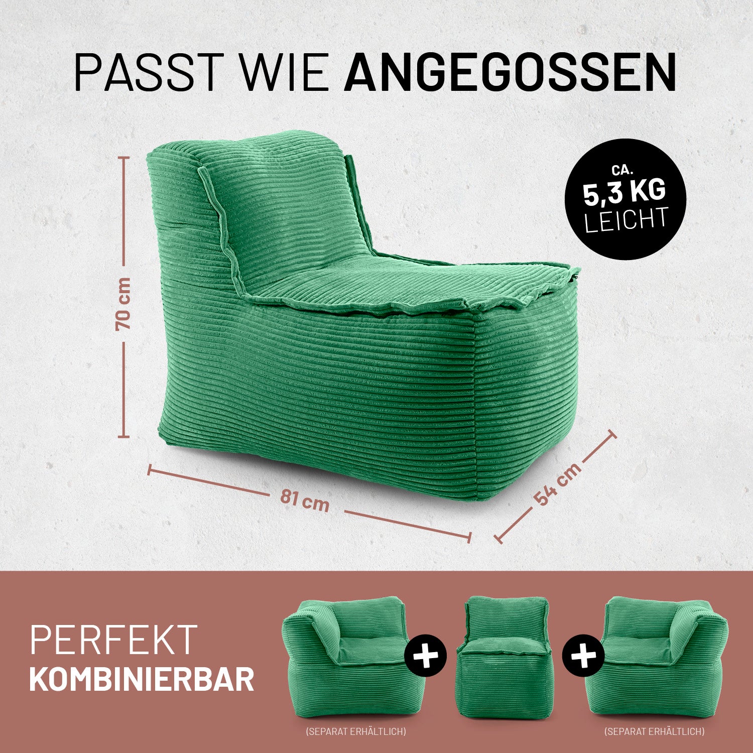 Dunkelgrüner Lounge-Sitz ohne Armlehnen, mit Maßen 81×54×70 cm und ca 5,3 kg, perfekt kombinierbar mit weiteren modularen Sitzelementen.