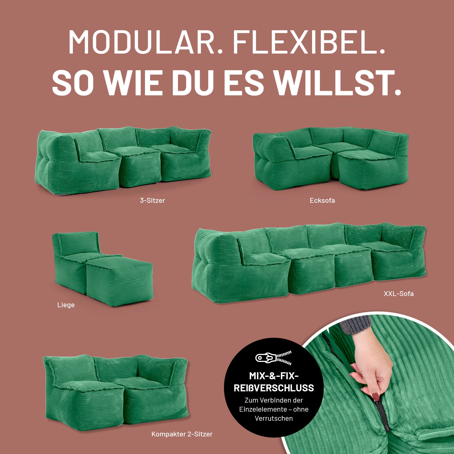 Verschiedene Kombinationsmöglichkeiten des Modularen Systems dank Mix-&-Fix-Reißverschluss.