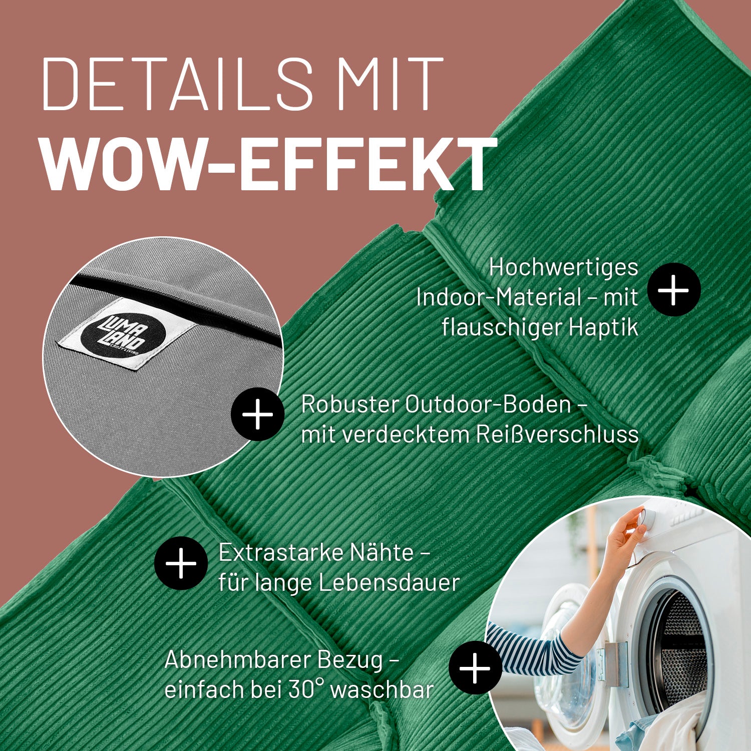 Modulares Mittelteil in Dunkelgrün mit Produktinformationen: Verdeckter Reißverschluss, robuste Unterseite, waschbarer Bezug und extrastarke Nähte.
