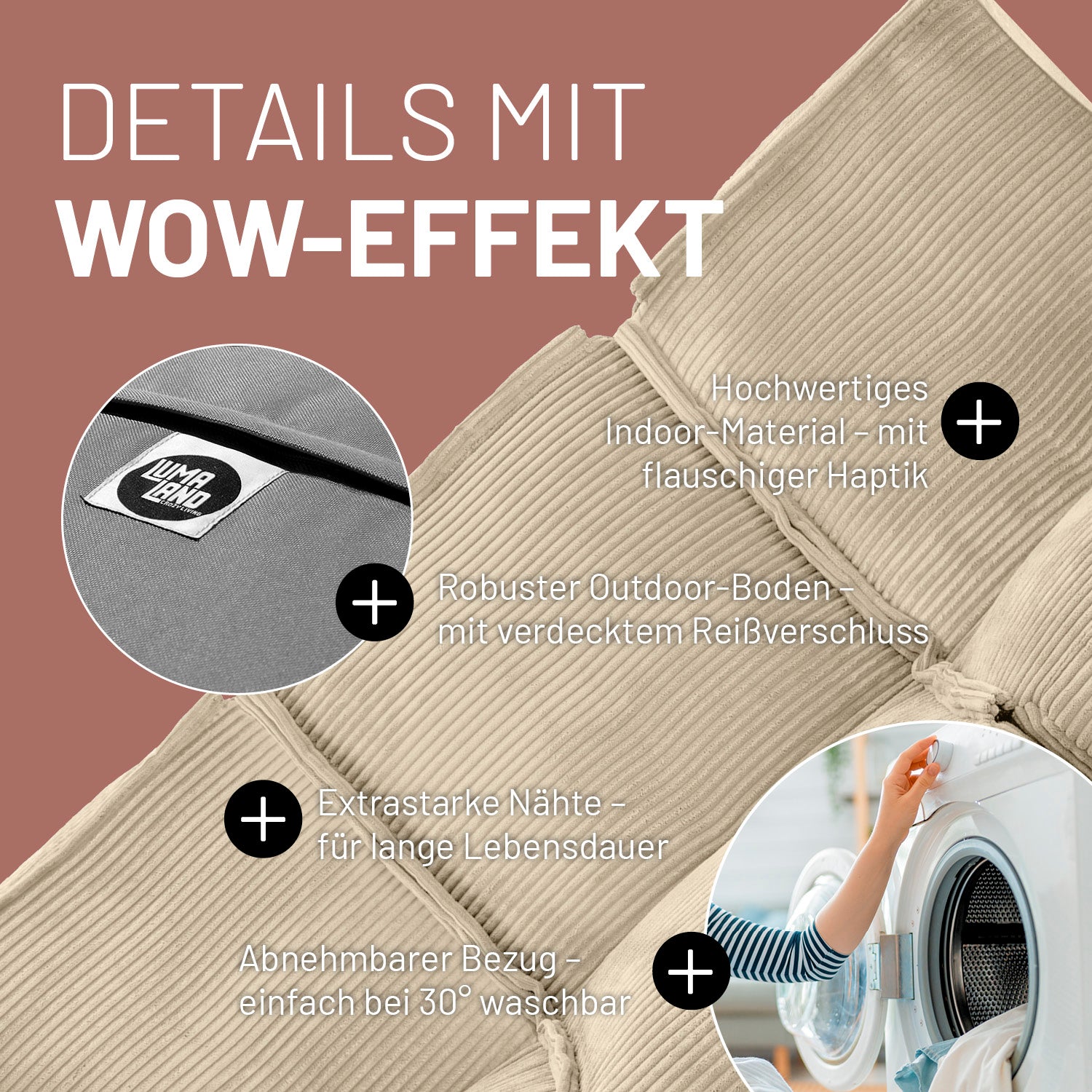 Modulares Mittelteil in Beige mit Produktinformationen: Verdeckter Reißverschluss, robuste Unterseite, waschbarer Bezug und extrastarke Nähte.