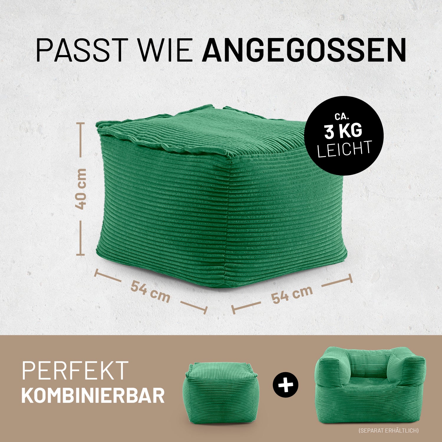 Dunkelgrüner Hocker mit Maßen 54×54×40 cm und ca. 3 kg, perfekt kombinierbar mit weiteren modularen Sitzelementen.