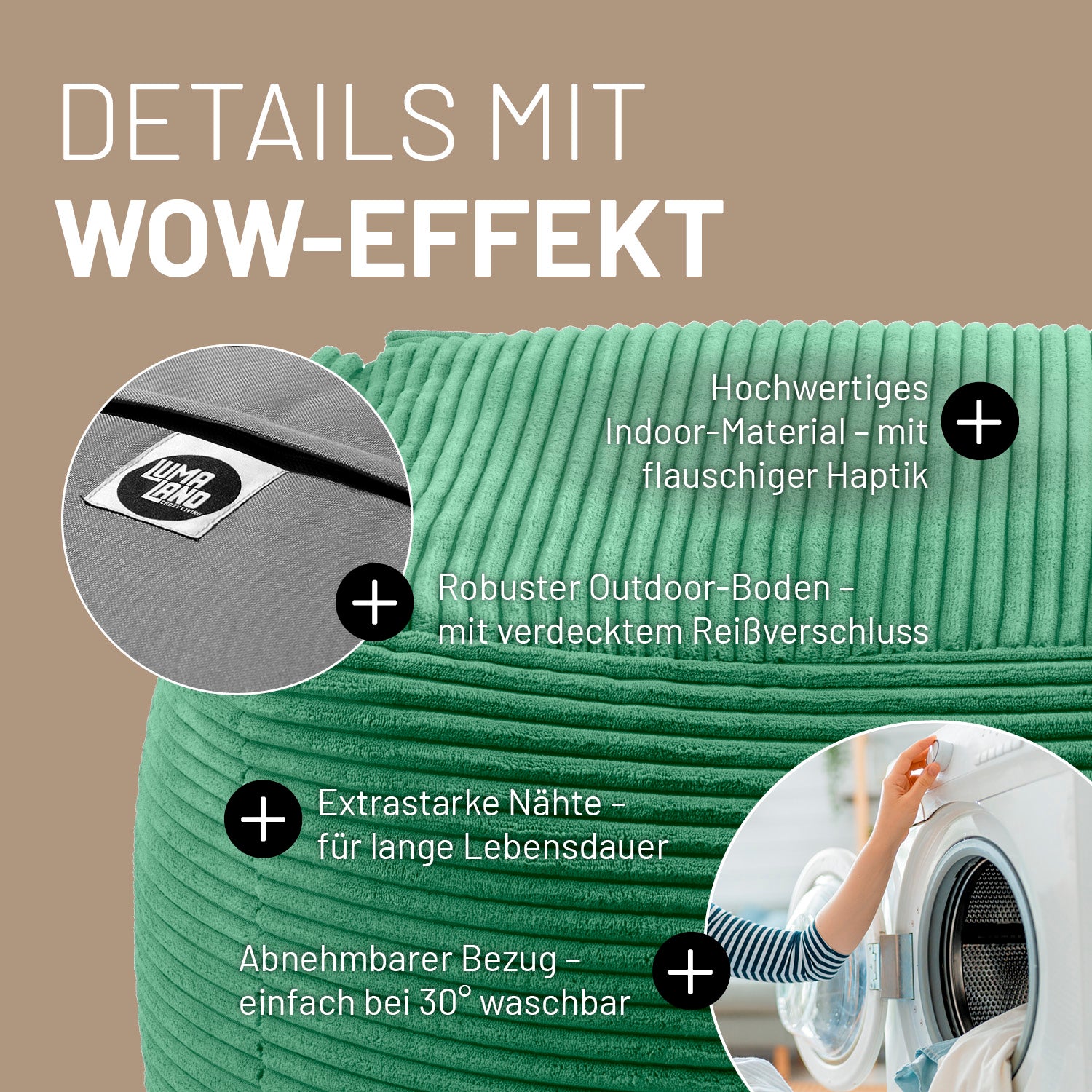 Modularer Hocker in Dunkelgrün mit Produktinformationen: Verdeckter Reißverschluss, robuste Unterseite, waschbarer Bezug und extrastarke Nähte.