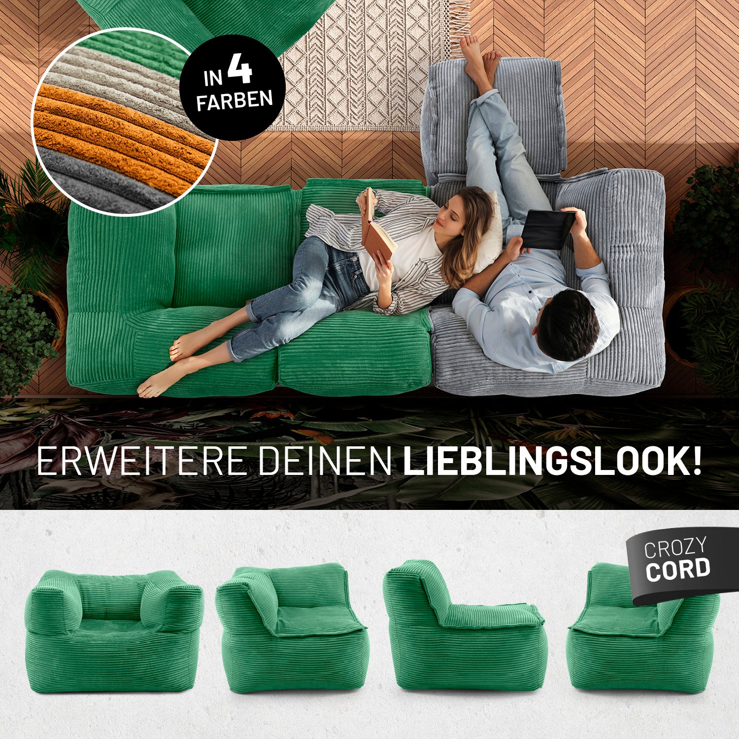 Frau mit Buch und Mann mit Tablet entspannen auf dem Cord-Sofa in einem modernen Wohnzimmer aus der Vogelperspektive - Darunter passende Produkte in anderen Shapes.