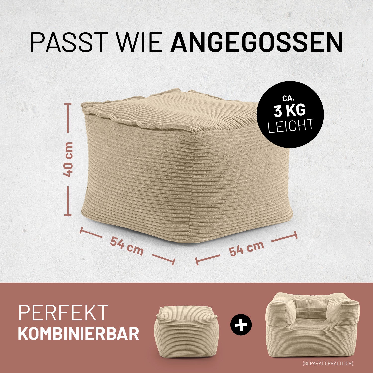 Beiger Hocker mit Maßen 54×54×40 cm und ca. 3 kg, perfekt kombinierbar mit weiteren modularen Sitzelementen.