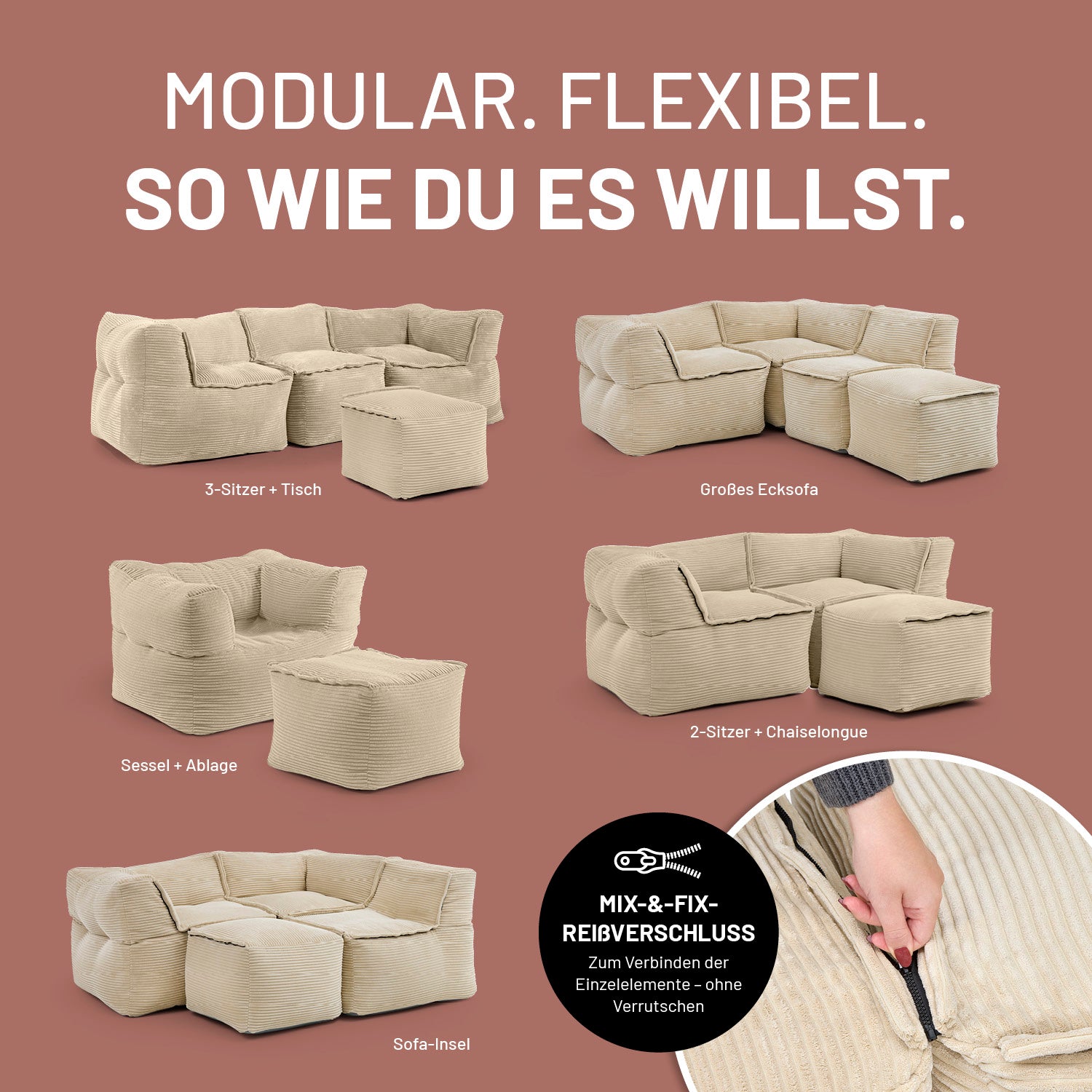 Verschiedene Kombinationsmöglichkeiten des Modularen Systems dank Mix-&-Fix-Reißverschluss.