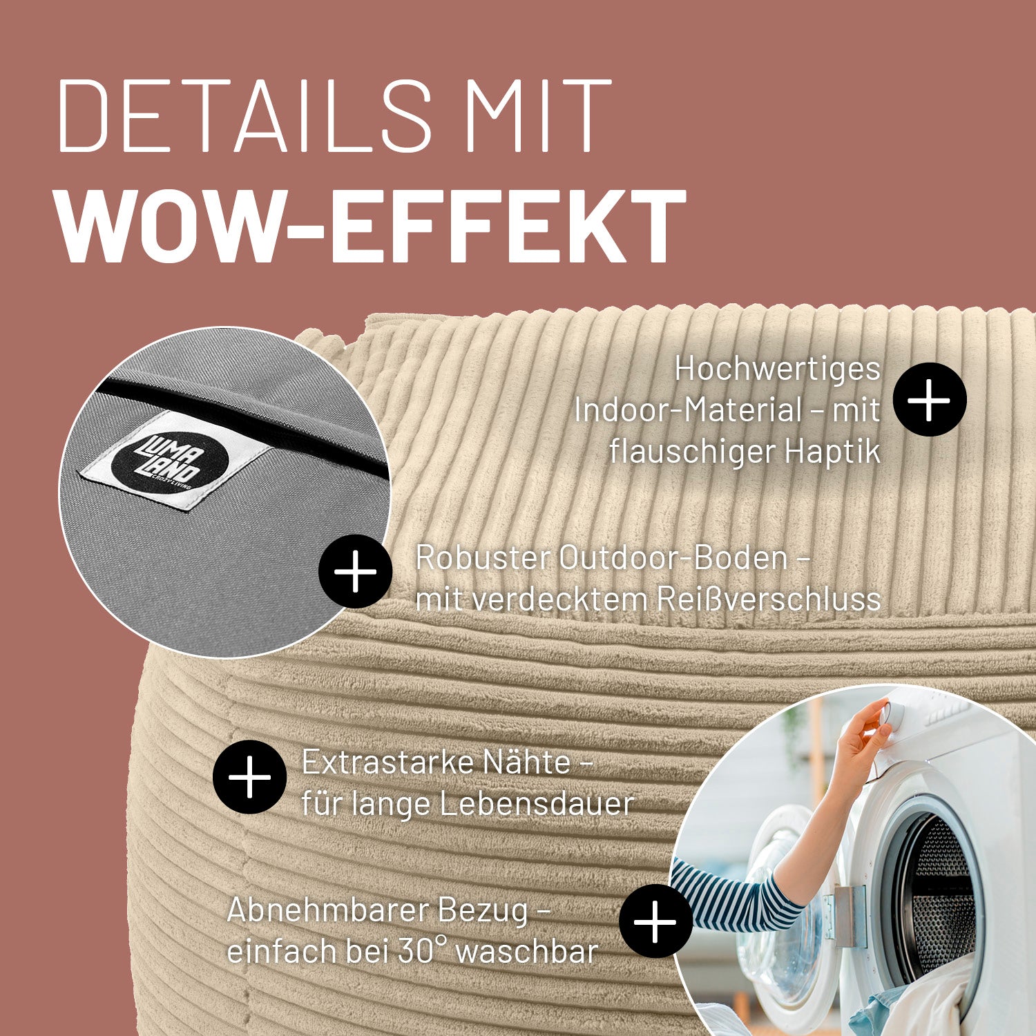 Modularer Hocker in Beige mit Produktinformationen: Verdeckter Reißverschluss, robuste Unterseite, waschbarer Bezug und extrastarke Nähte.