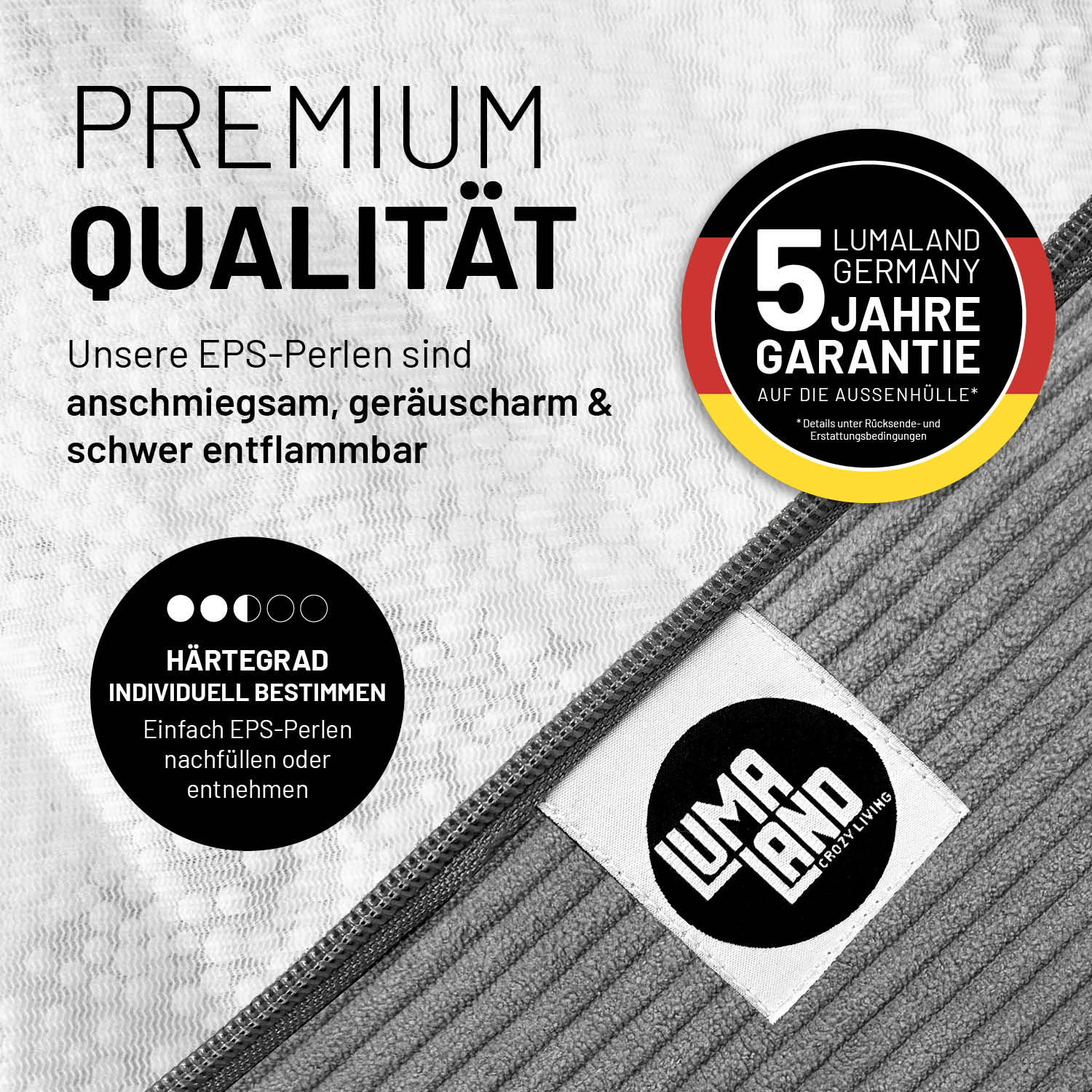 Detailansicht eines Feincord-Sitzsacks mit Reißverschluss und LUMALAND-Label. Hinweise zu EPS-Füllung, verstellbarem Härtegrad und 5 Jahre Garantie auf die Außenhülle.