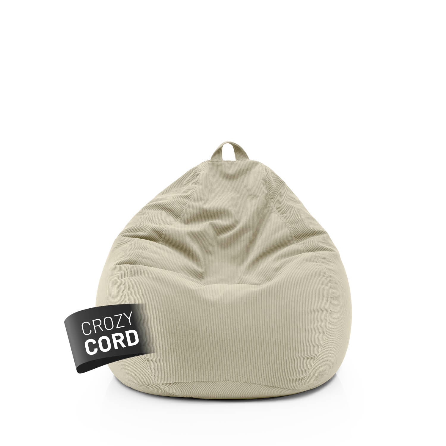Beiger Comfort Line Sitzsack aus Feincord mit Trageschlaufe vor weißem Hintergrund, Label „Crozy Cord“ sichtbar auf der Vorderseite.