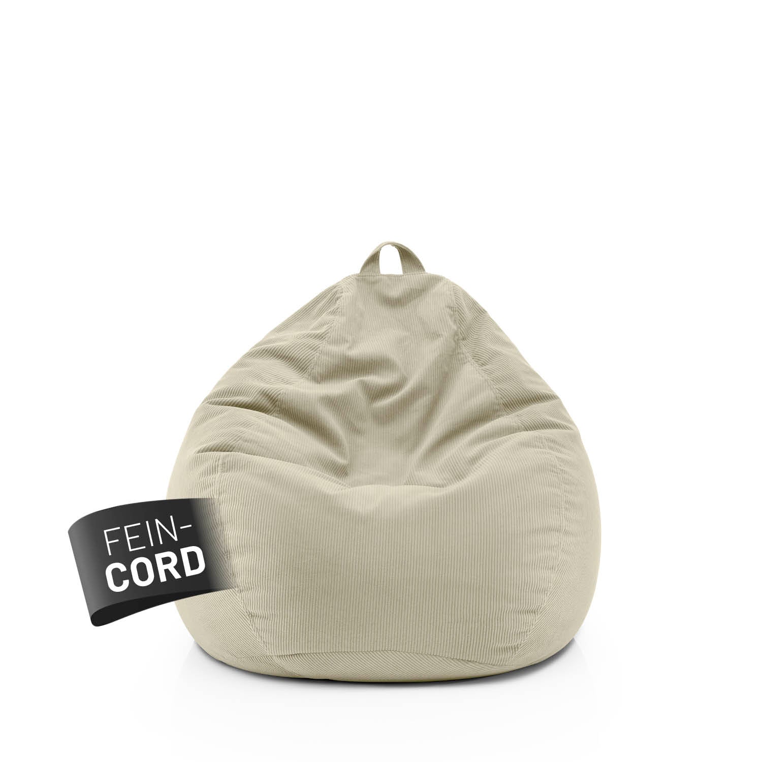 Beiger Comfort Line Sitzsack aus Feincord mit Trageschlaufe vor weißem Hintergrund, Label „Fein-Cord“ sichtbar auf der Vorderseite.