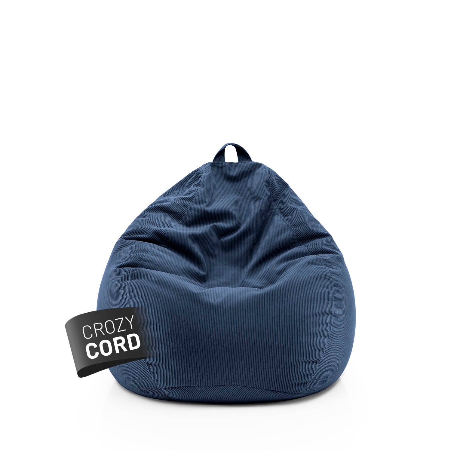 Dunkelblauer Comfort Line Sitzsack aus Feincord mit Trageschlaufe vor weißem Hintergrund, Label „Crozy Cord“ sichtbar auf der Vorderseite.