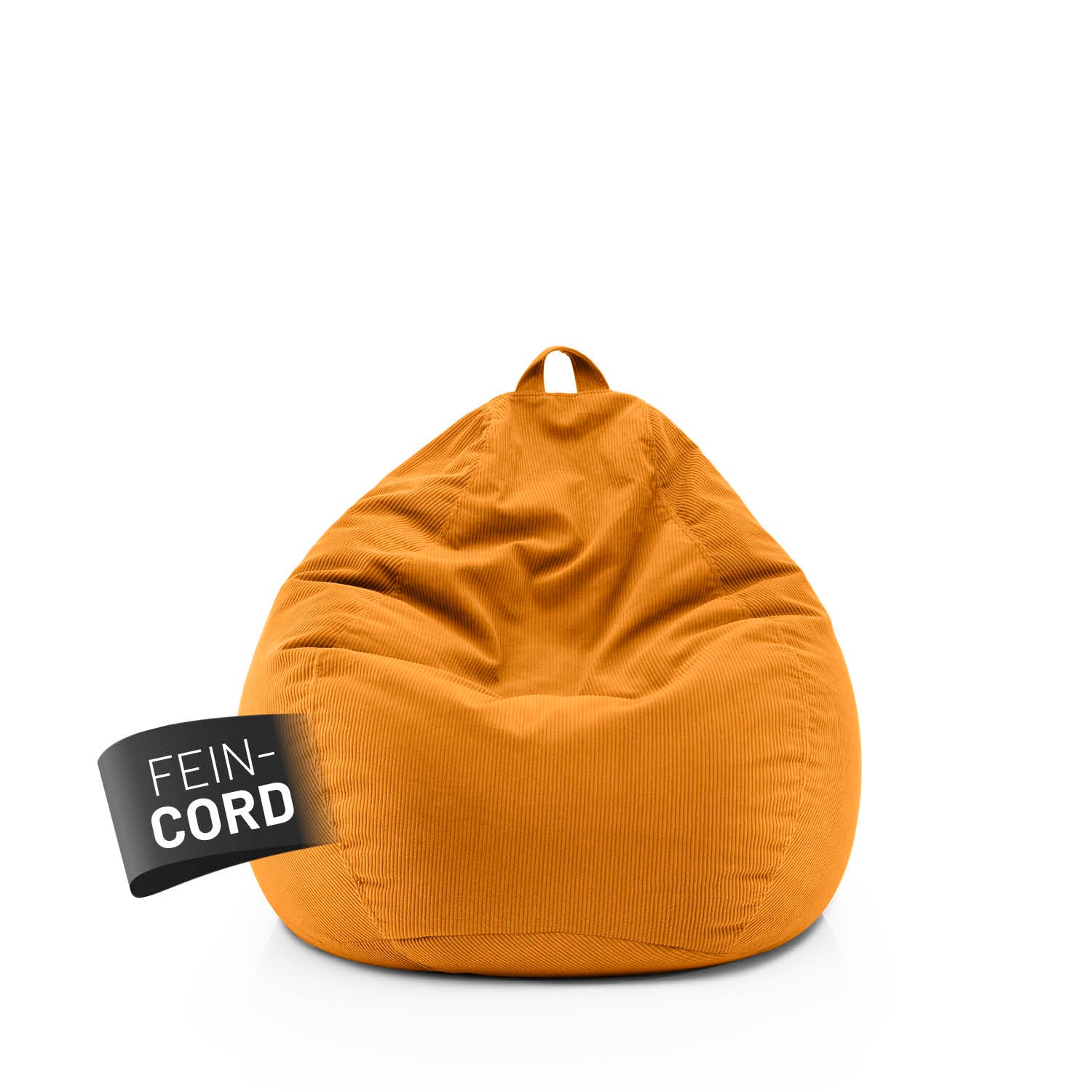Senfgelber Comfort Line Sitzsack aus Feincord mit Trageschlaufe vor weißem Hintergrund, Label „Fein-Cord“ sichtbar auf der Vorderseite.
