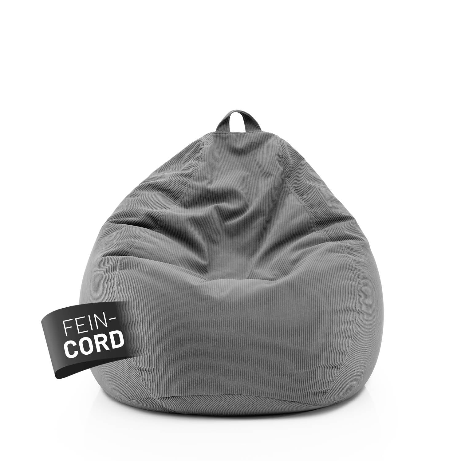 Grauer Comfort Line Sitzsack aus Feincord mit Trageschlaufe vor weißem Hintergrund, Label „Fein-Cord“ sichtbar auf der Vorderseite.