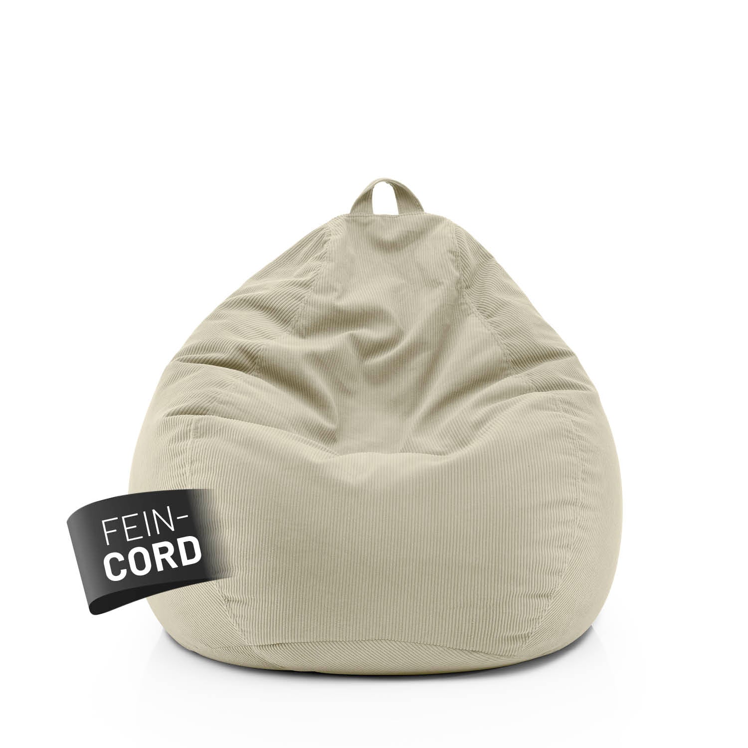 Beiger Comfort Line Sitzsack aus Feincord mit Trageschlaufe vor weißem Hintergrund, Label „Fein-Cord“ sichtbar auf der Vorderseite.