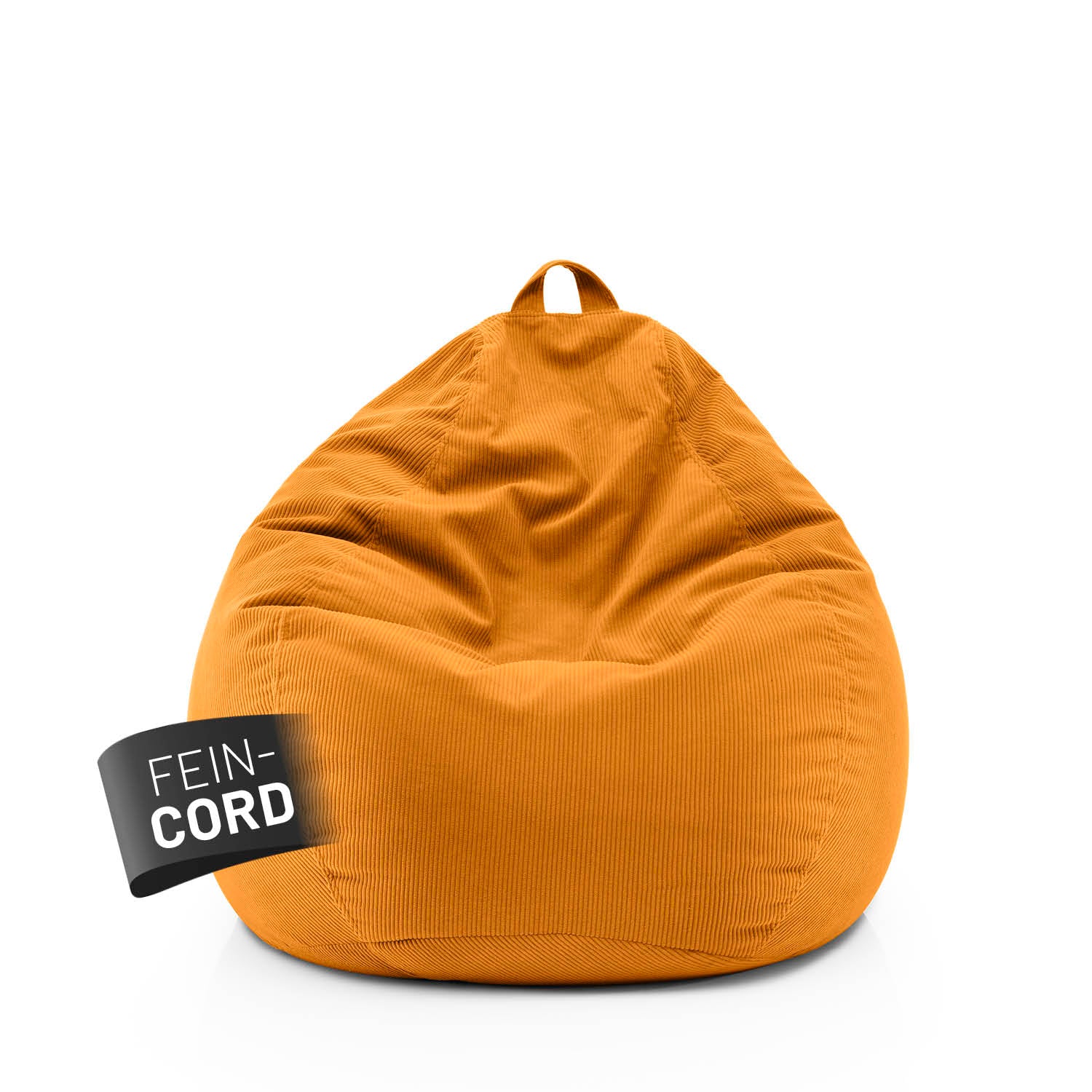 Senfgelber Comfort Line Sitzsack aus Feincord mit Trageschlaufe vor weißem Hintergrund, Label „Fein-Cord“ sichtbar auf der Vorderseite.