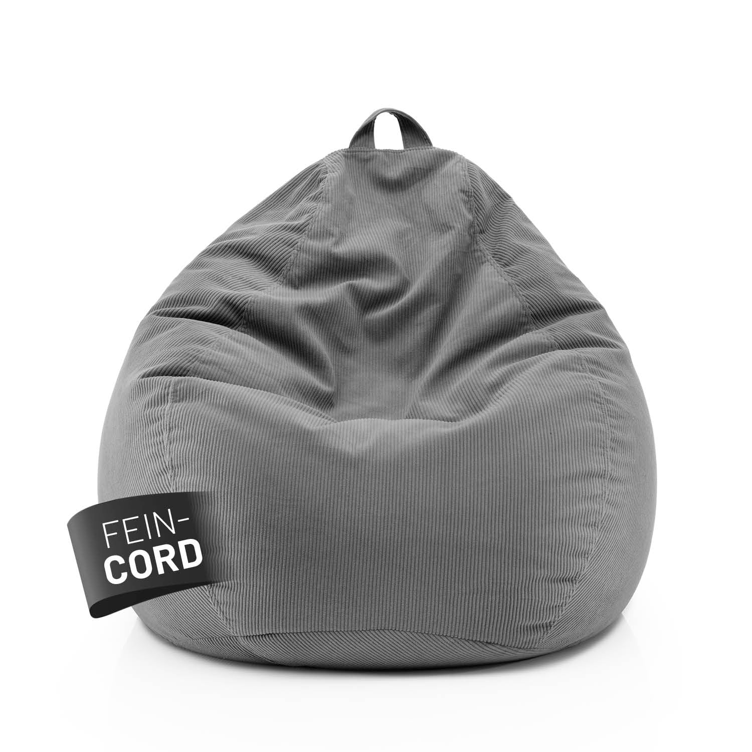 Grauer Comfort Line Sitzsack aus Feincord mit Trageschlaufe vor weißem Hintergrund, Label „Fein-Cord“ sichtbar auf der Vorderseite.