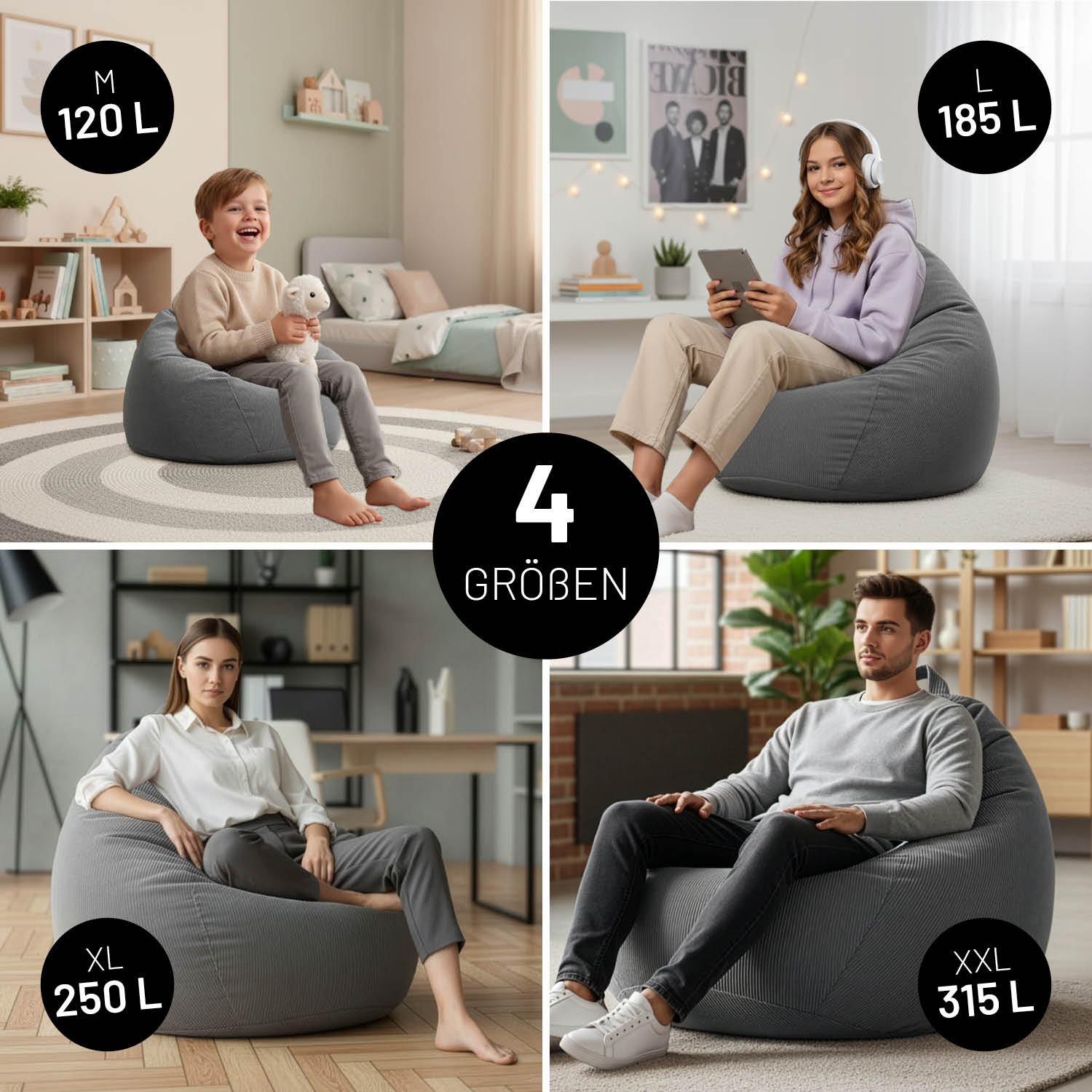 Vier Personen sitzen auf Feincord-Sitzsäcken in Grau in verschiedenen Größen: M (120 L), L (185 L), XL (250 L) und XXL (315 L).