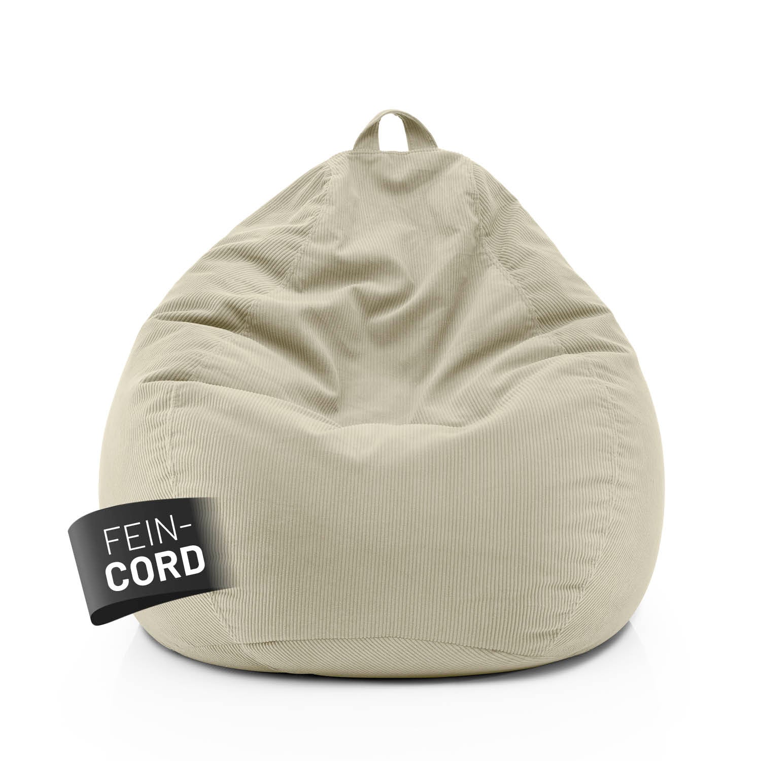 Beiger Comfort Line Sitzsack aus Feincord mit Trageschlaufe vor weißem Hintergrund, Label „Fein-Cord“ sichtbar auf der Vorderseite.