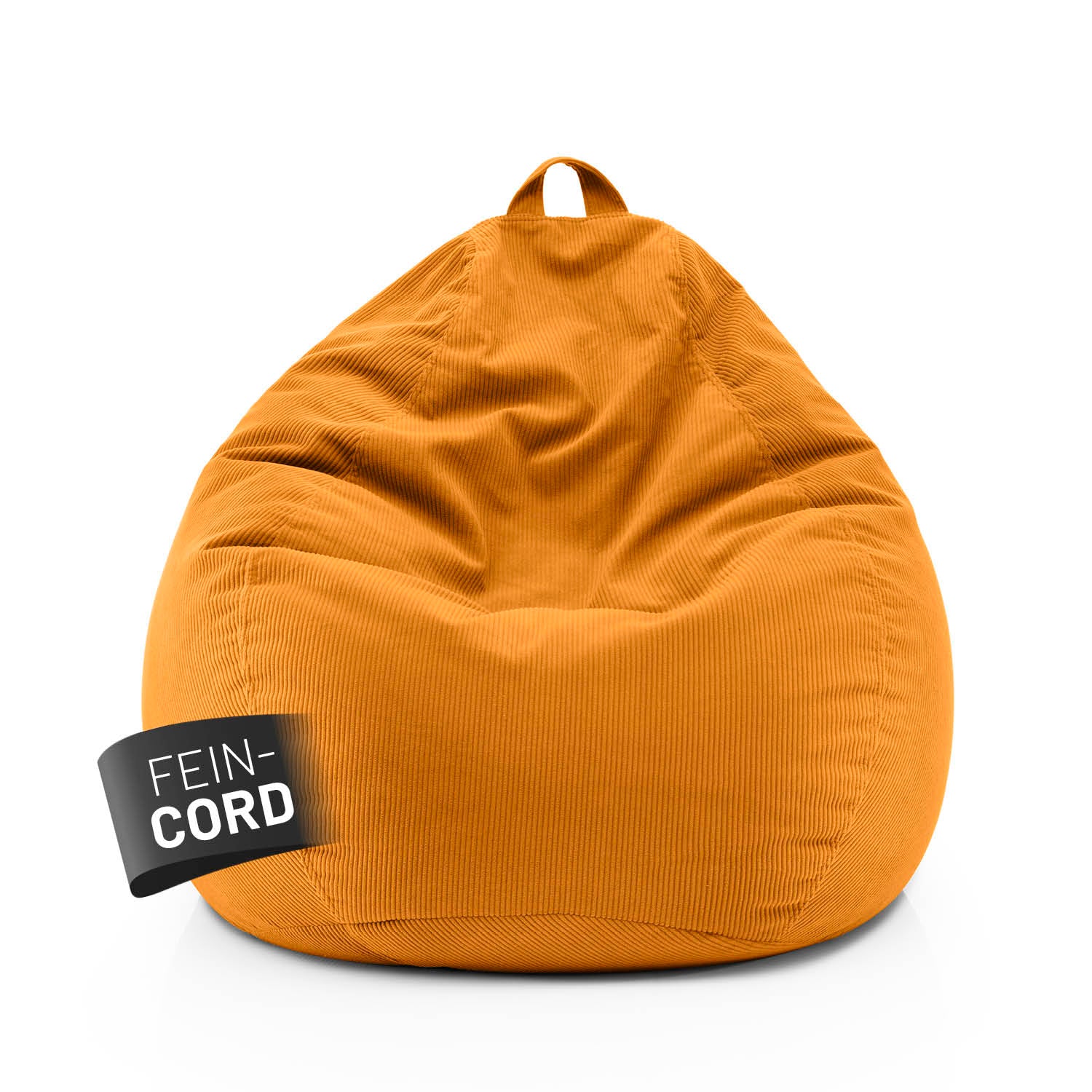 Senfgelber Comfort Line Sitzsack aus Feincord mit Trageschlaufe vor weißem Hintergrund, Label „Fein-Cord“ sichtbar auf der Vorderseite.