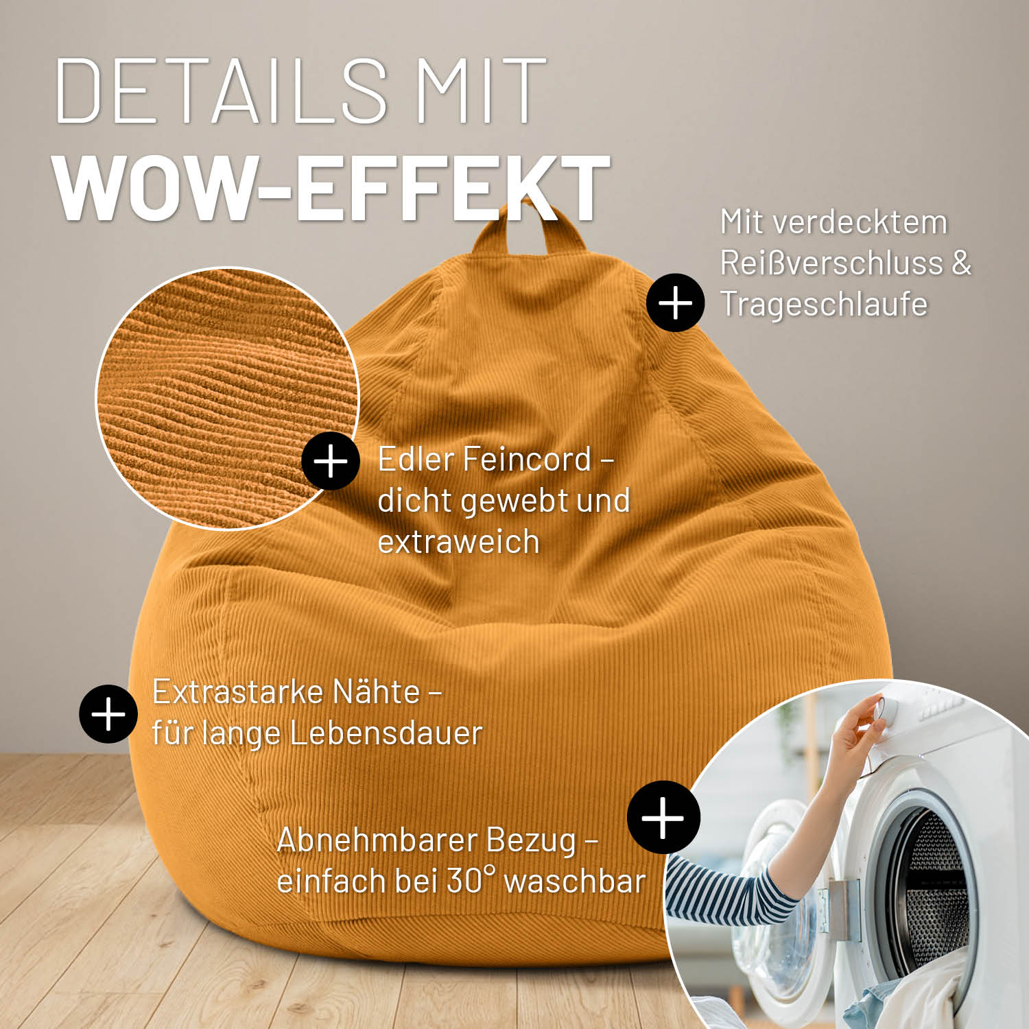Senfgelber Feincord-Sitzsack mit Detailhinweisen: "Dicht gewebt", "starke Nähte", "abnehmbarer waschbarer Bezug", "verdeckter Reißverschluss" und "Trageschlaufe".