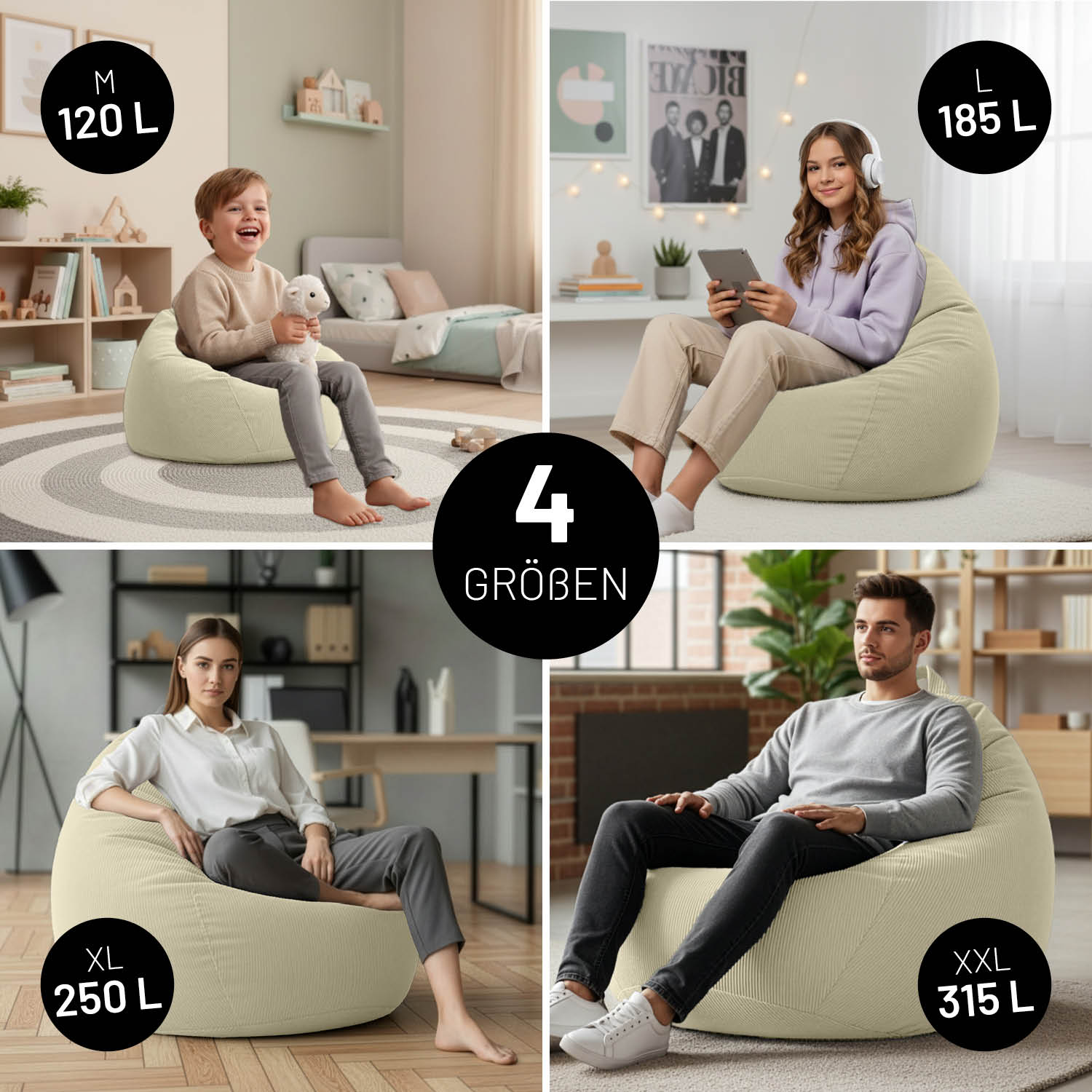 Vier Personen sitzen auf Feincord-Sitzsäcken in Beige in verschiedenen Größen: M (120 L), L (185 L), XL (250 L) und XXL (315 L).