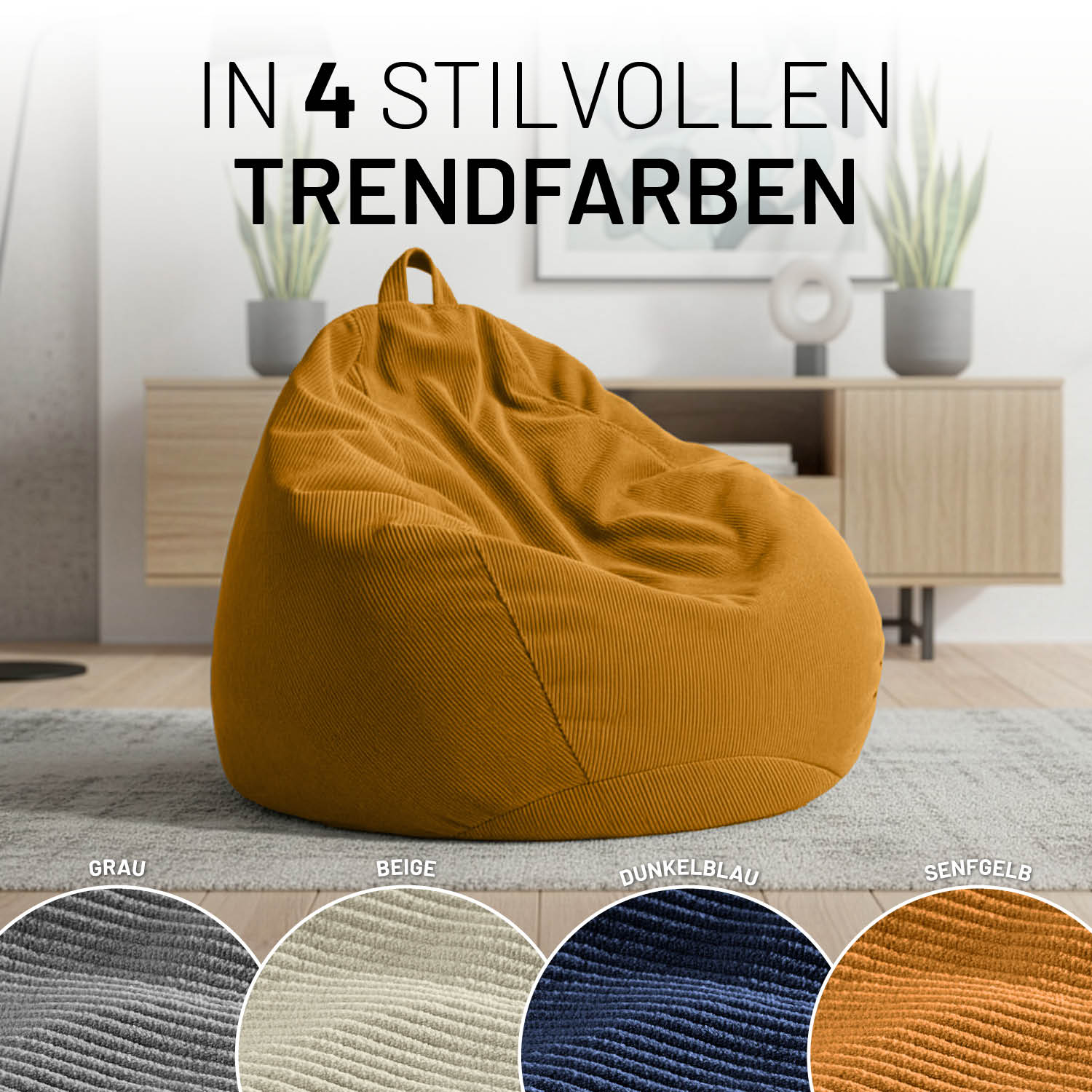 Senfgelber Feincord-Sitzsack mit Trageschlaufe im Wohnraum. Darstellung der verfügbaren Farben: Grau, Beige, Dunkelblau und Senfgelb.