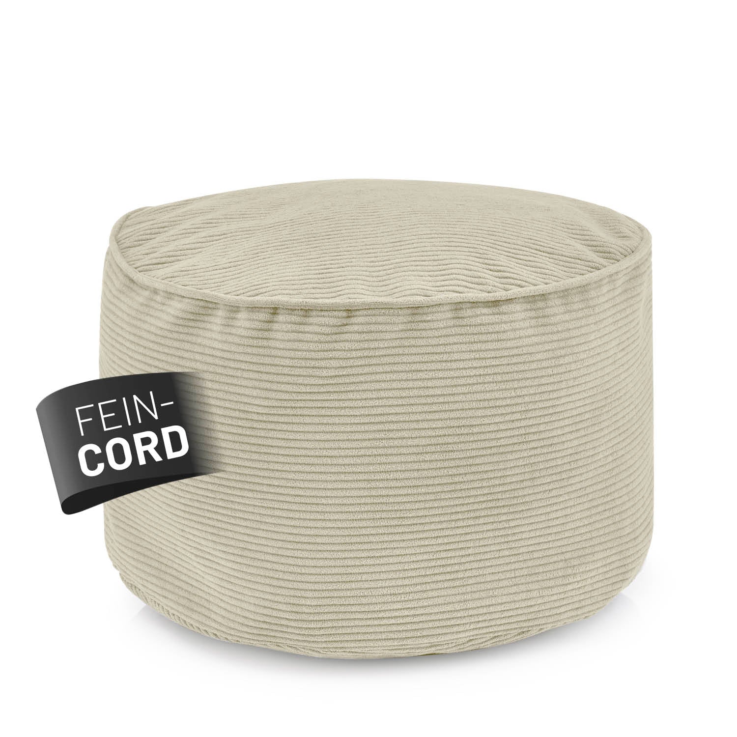 Runder Pouf aus beigem Feincord mit weicher Struktur, freigestellt vor neutralem Hintergrund mit „Feincord“-Kennzeichnung