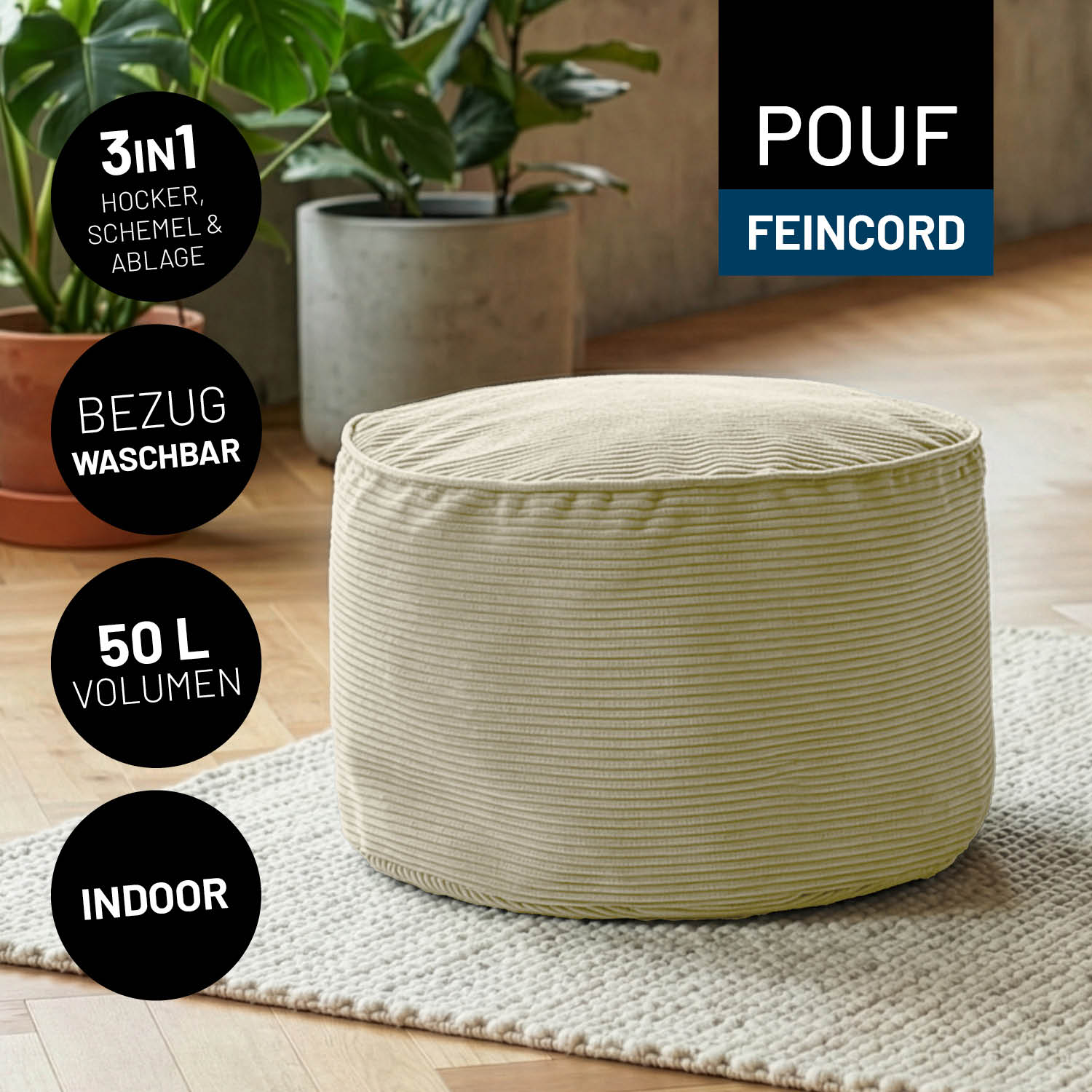 Beiger Feincord-Pouf im Wohnraum auf Teppich, mit Icons zu waschbarem Bezug, 3-in-1 Funktion, 50 L Volumen und Indoor-Nutzung