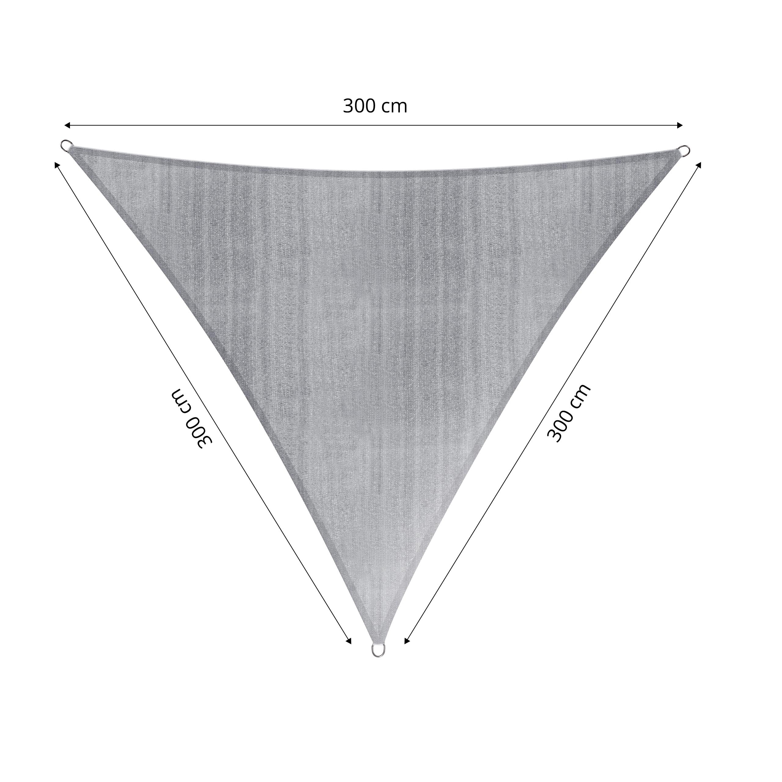 Sonnensegel in Form eines Dreiecks mit Maßangaben 3 x 3 x 3 Meter in Grau vor weißem Hintergrund.