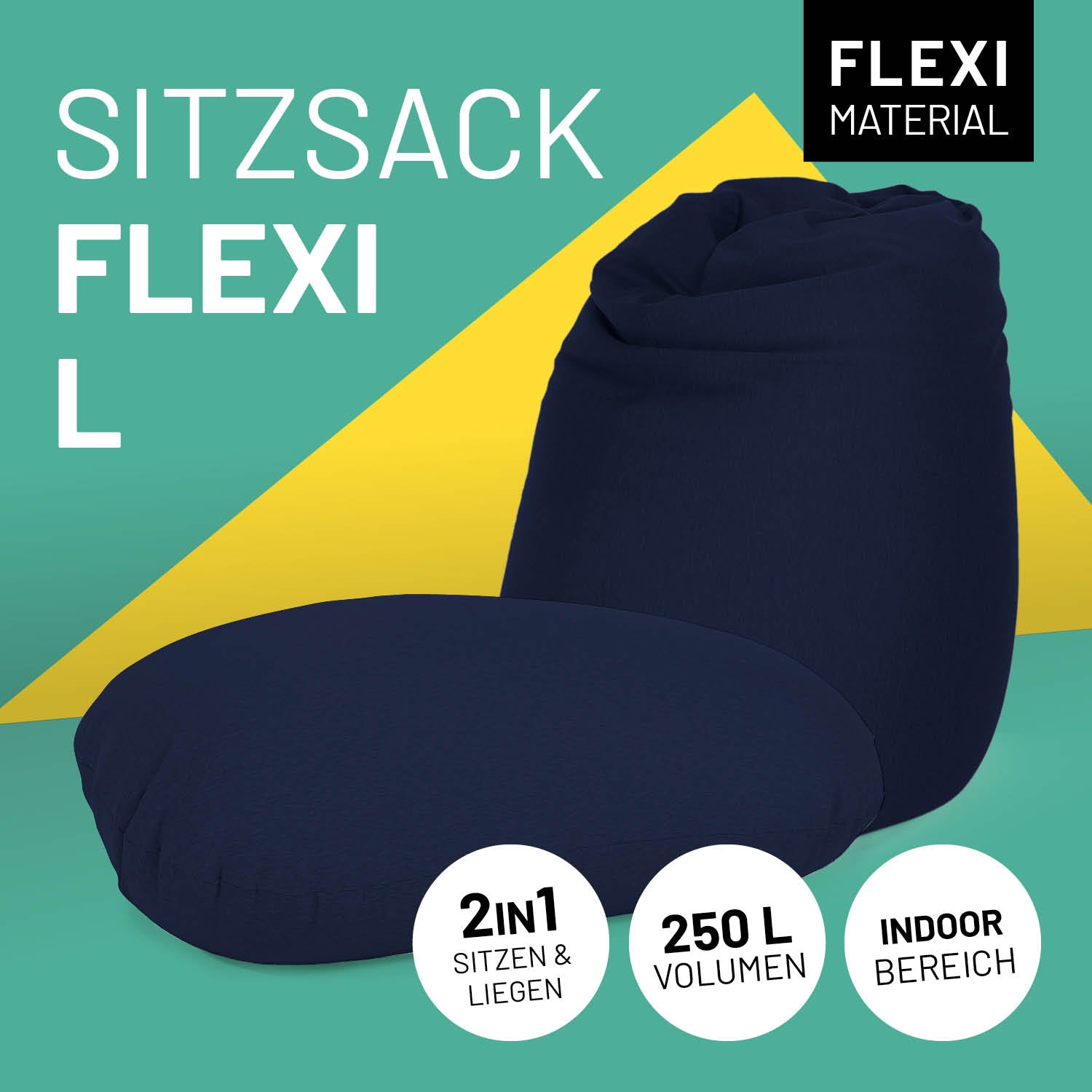 Flexi Sitzsack L in Navyblau mit Icon "Flexi Material", "2 in 1 - Sitzen & Liegen", "250 L Volumen" und "Indoor Bereich".