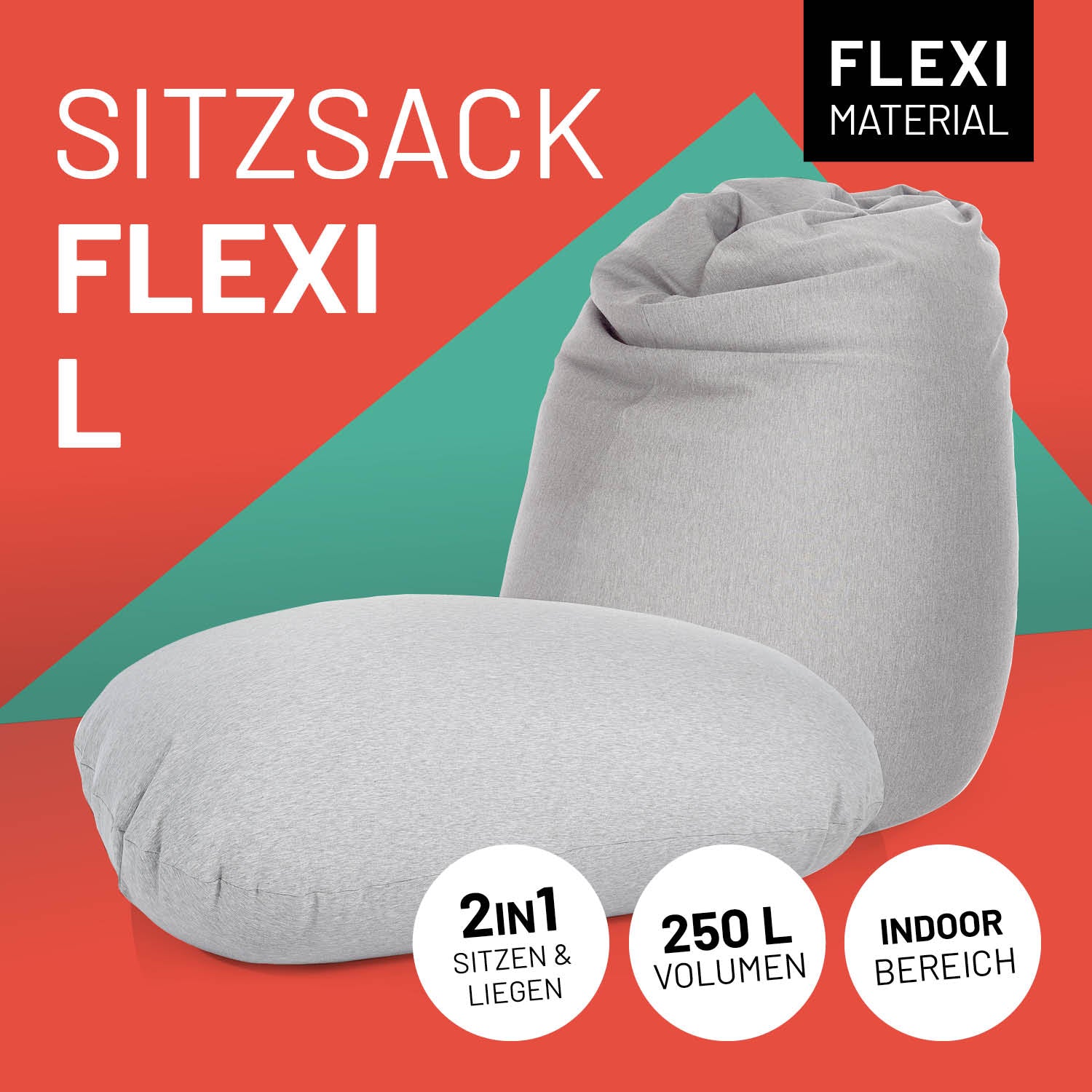 Flexi Sitzsack L in Hellgrau mit Icon "Flexi Material", "2 in 1 - Sitzen & Liegen", "250 L Volumen" und "Indoor Bereich".