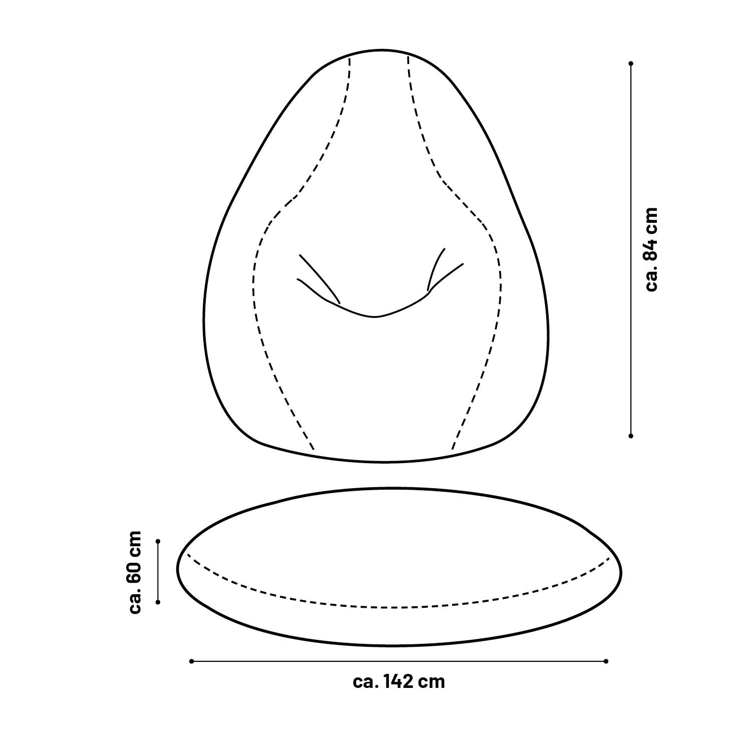 Illustration des Sitzsackes aufgestellt und liegend mit Maßen (Höhe 84 cm) und flach auf dem Boden (Breite 142 x Höhe 60 cm).