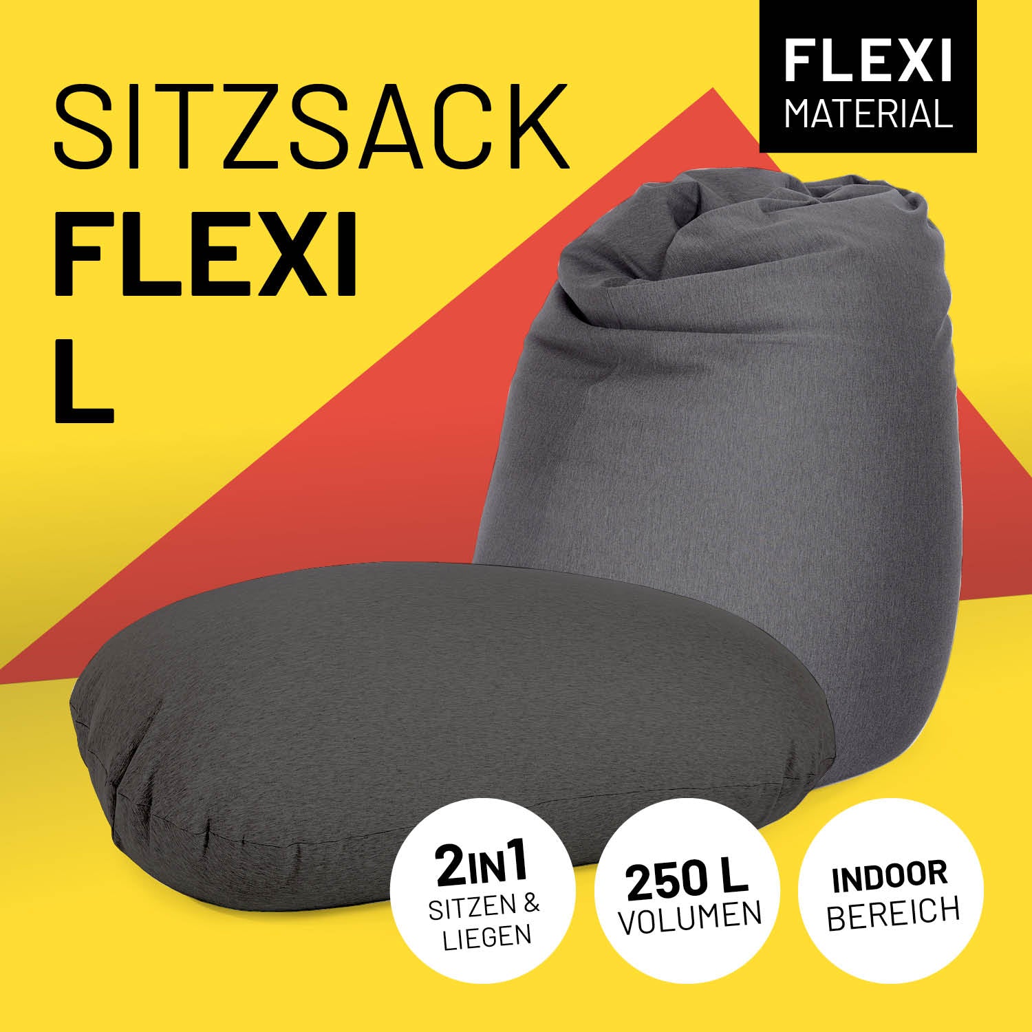 Flexi Sitzsack L in Dunkelgrau mit Icon "Flexi Material", "2 in 1 - Sitzen & Liegen", "250 L Volumen" und "Indoor Bereich".