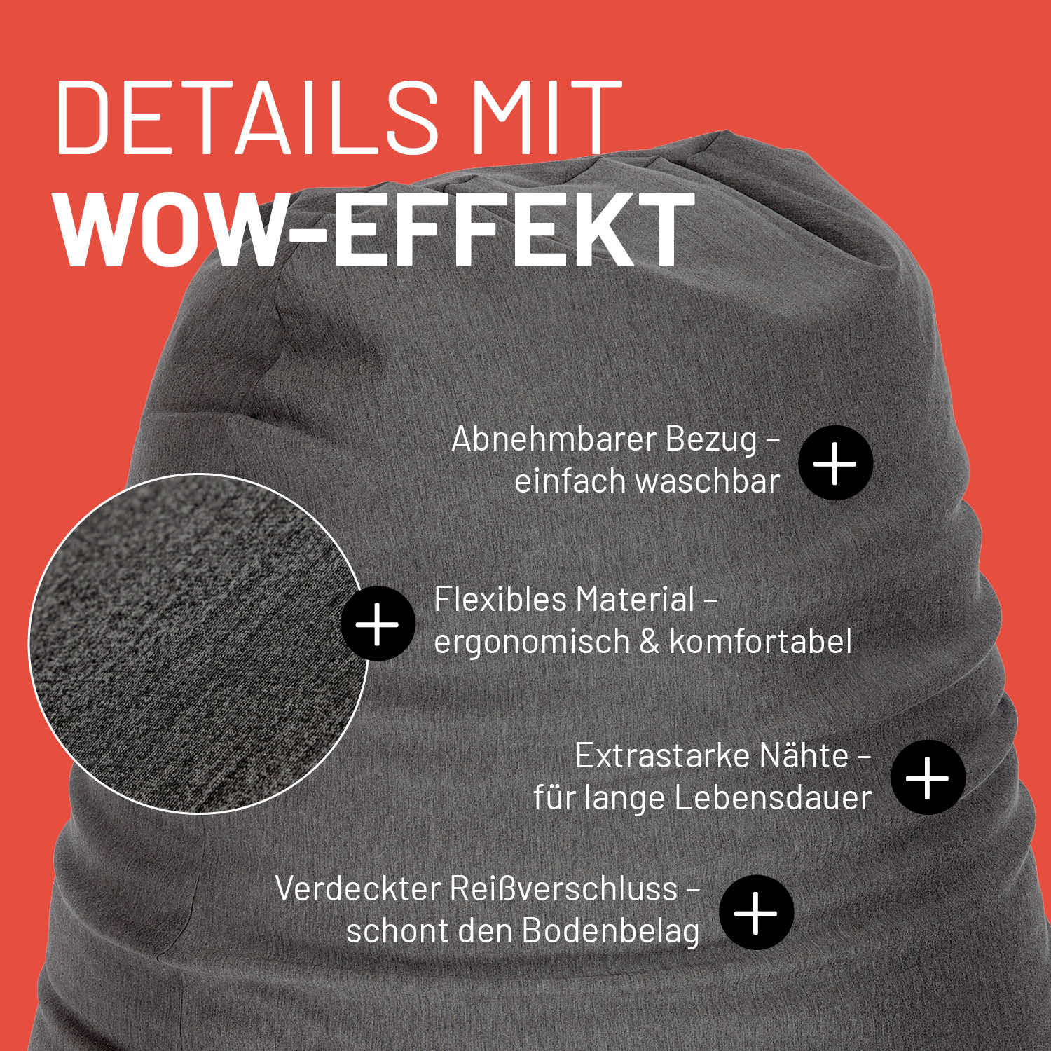 Dunkelgrauer Sitzsack im Detail mit Informationen zu "Waschbarer Bezug", "Verdeckter Reißverschluss" und "Extrastarke Nähte".
