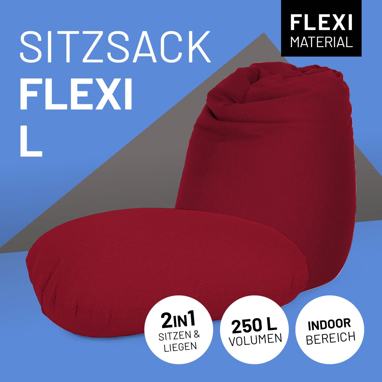Flexi Sitzsack L in Rot mit Icon "Flexi Material", "2 in 1 - Sitzen & Liegen", "250 L Volumen" und "Indoor Bereich".