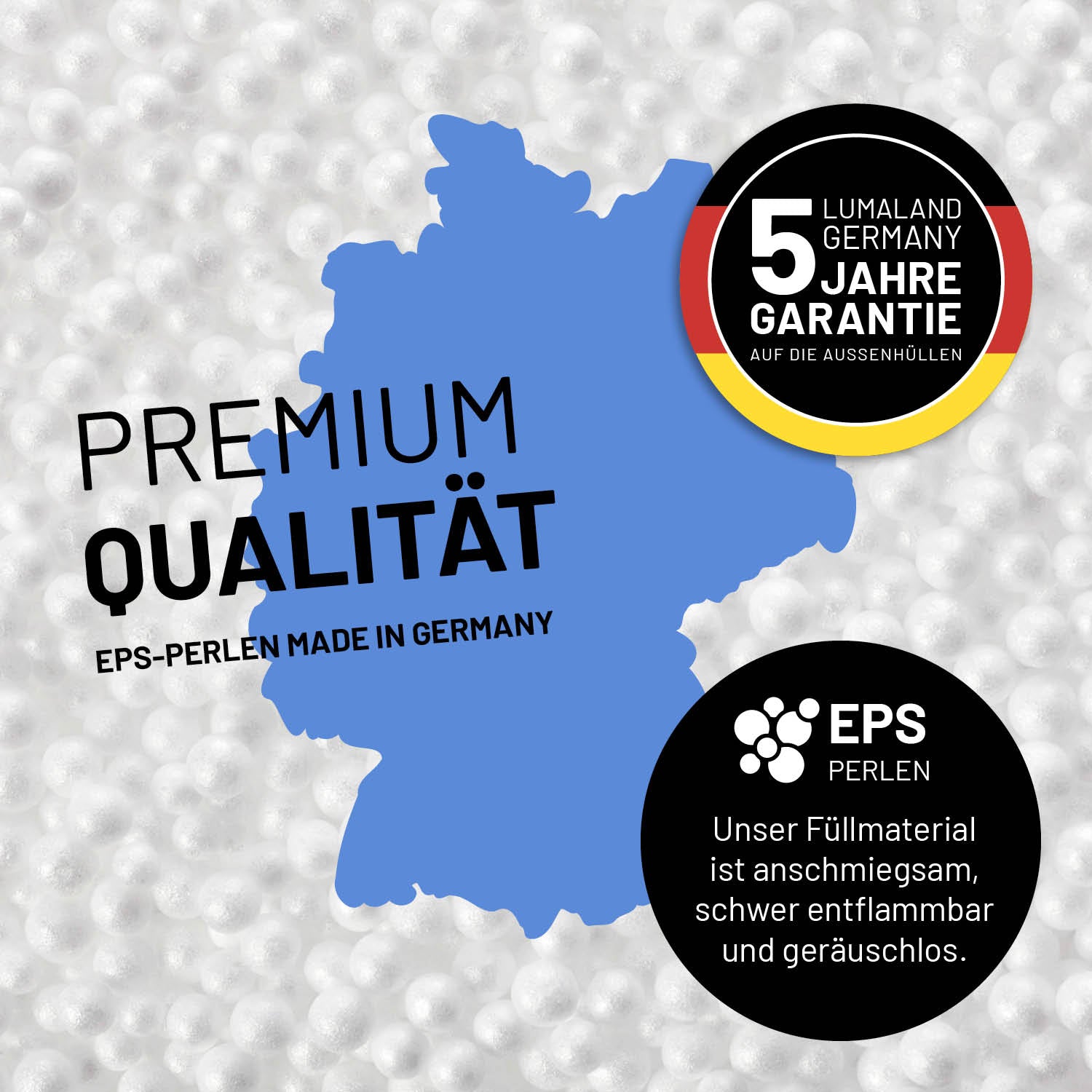 Umrisse der Deutschland-Karte mit Hinweis auf die EPS-Perlen und LUMALAND Germany 5 Jahre Garantie auf die Aussenhülle.