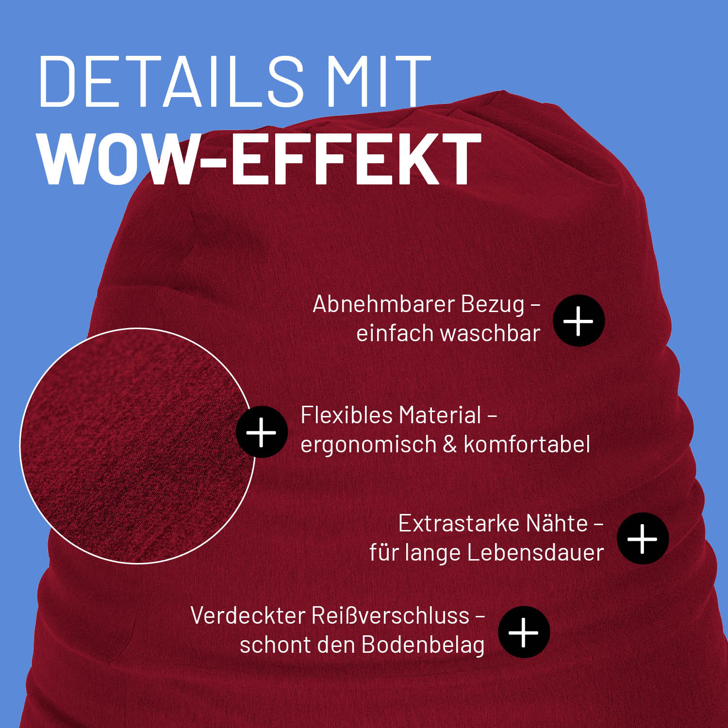 Roter Sitzsack im Detail mit Informationen zu "Waschbarer Bezug", "Verdeckter Reißverschluss" und "Extrastarke Nähte".
