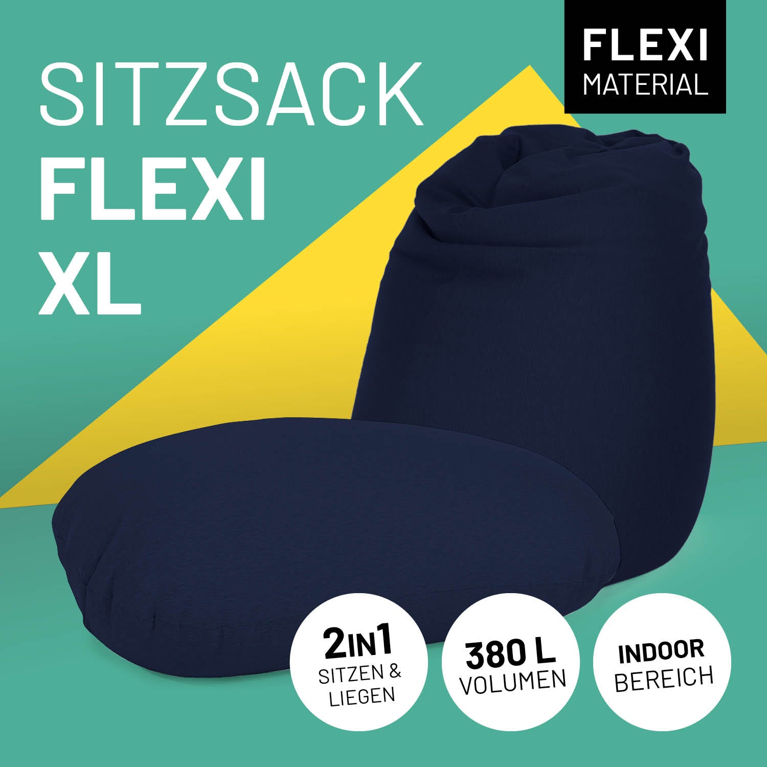 Flexi Sitzsack XL in Navyblau mit Icon "Flexi Material", "2 in 1 - Sitzen & Liegen", "380 L Volumen" und "Indoor Bereich".