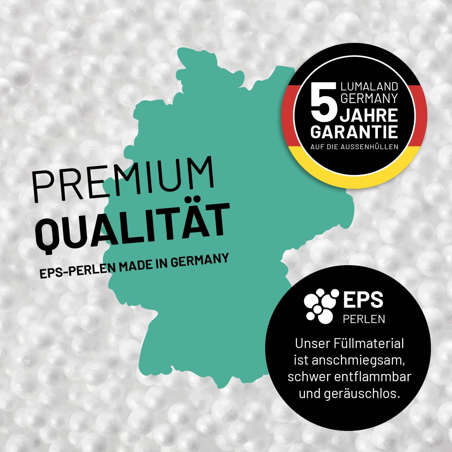Umrisse der Deutschland-Karte mit Hinweis auf die EPS-Perlen und LUMALAND Germany 5 Jahre Garantie auf die Aussenhülle.