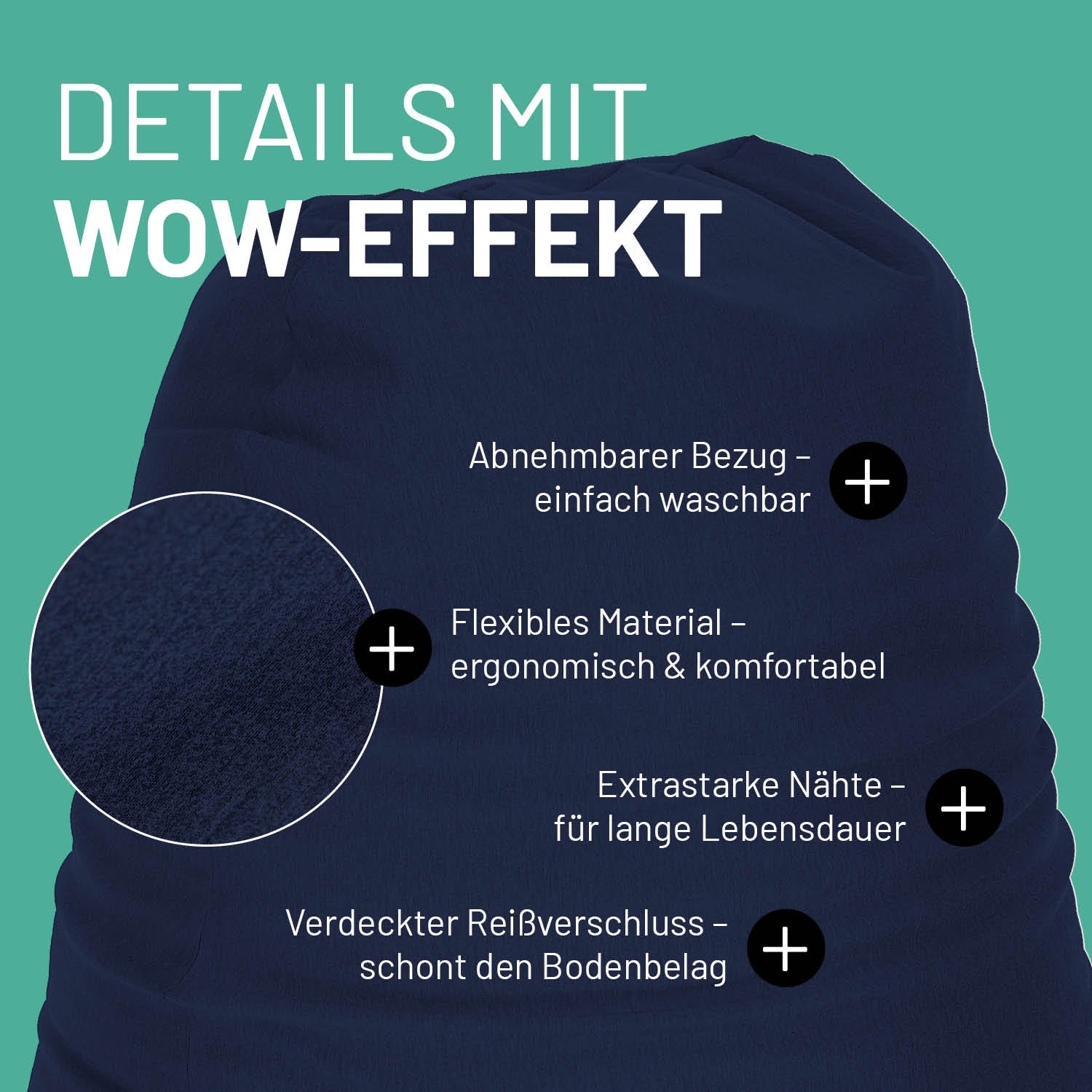 Navyblauer Sitzsack im Detail mit Informationen zu "Waschbarer Bezug", "Verdeckter Reißverschluss" und "Extrastarke Nähte".