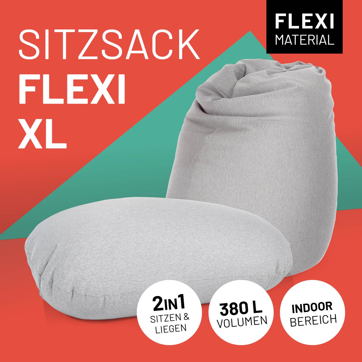 Flexi Sitzsack XL in Hellgrau mit Icon "Flexi Material", "2 in 1 - Sitzen & Liegen", "380 L Volumen" und "Indoor Bereich".